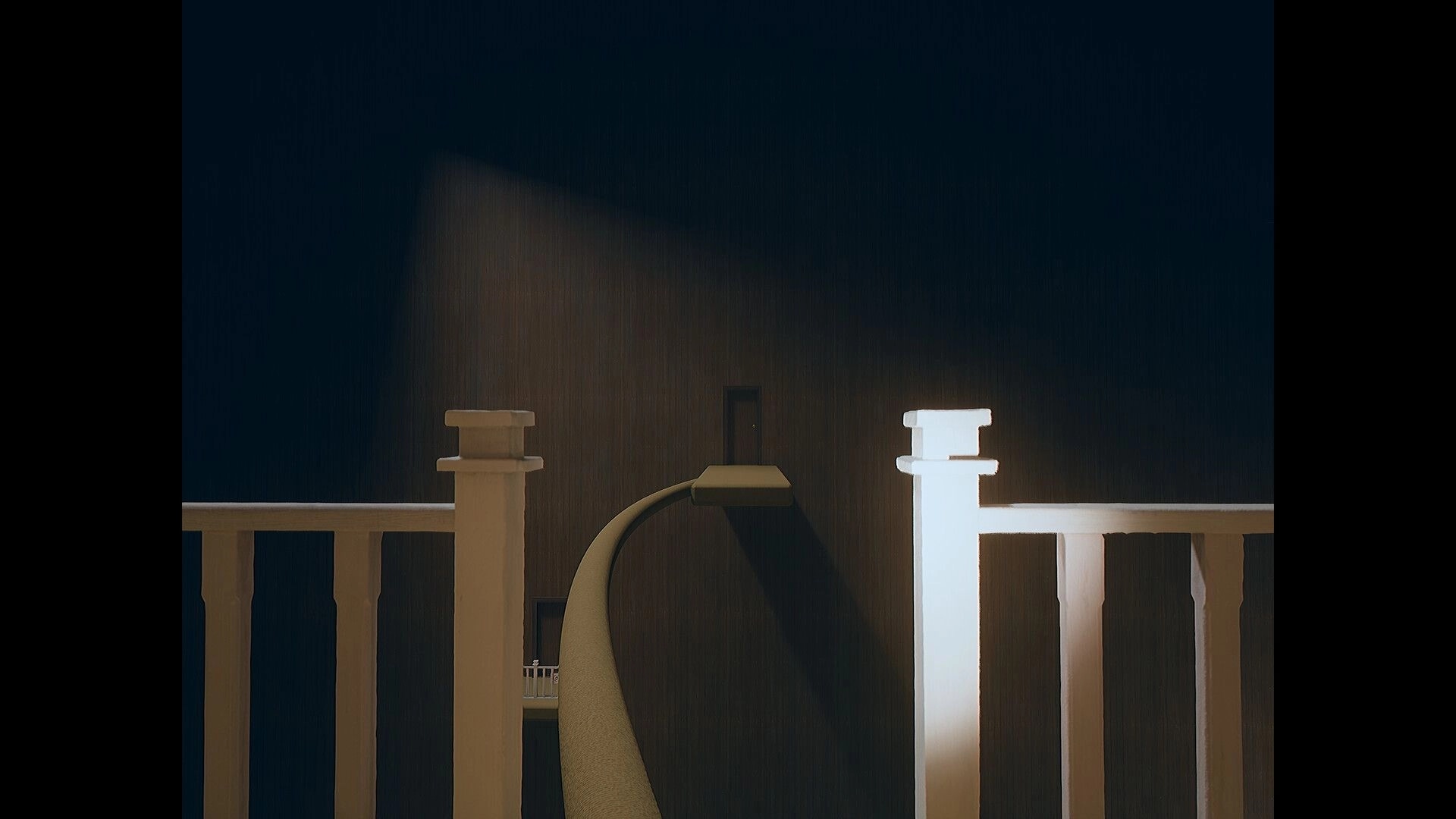 Beyond The Frame: Narrow bridge between stair railings leading to a closed door in a dark hallway.
