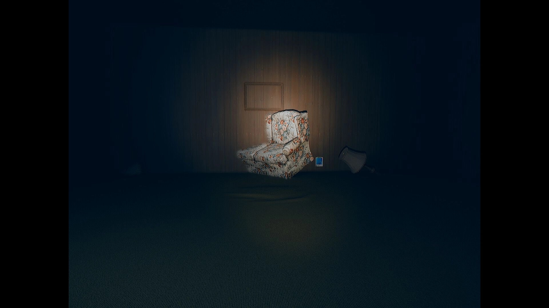 Beyond The Frame: Flashlight centers on a floral armchair in a dark room with fallen lamp and photo.