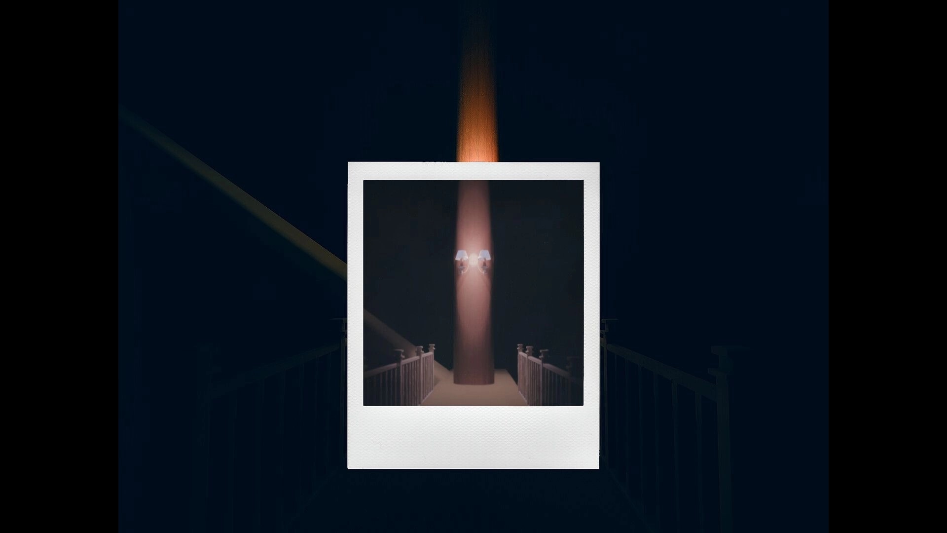 Beyond The Frame: Polaroid photo overlay of a dim stairwell landing with twin wall lamps in darkness.