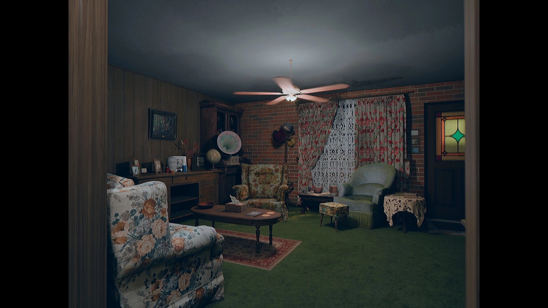 Beyond The Frame: First-person view into a cozy living room with floral chairs, fan, brick wall.