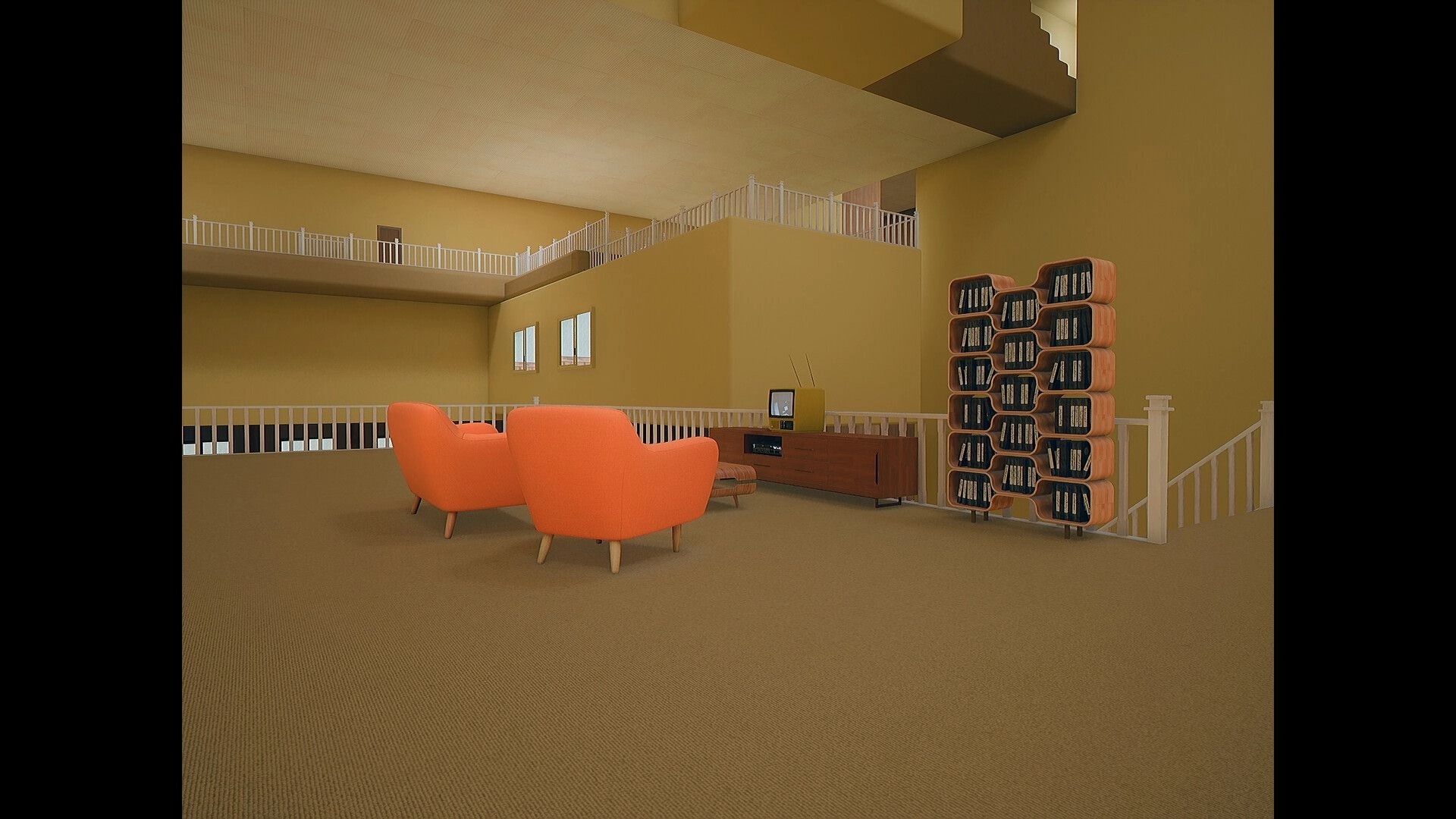 Beyond The Frame: Exploring a quiet loft with orange chairs, TV console, and tall bookshelf indoors.