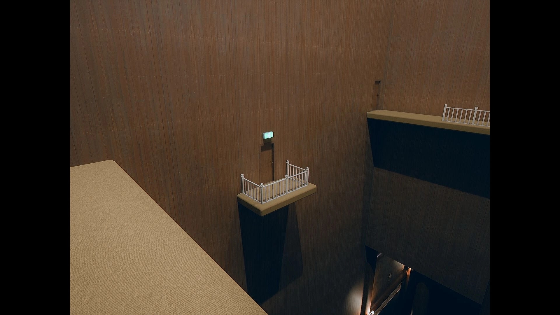 Beyond The Frame: View across floating ledges with white railings in a tall wood-paneled void room.