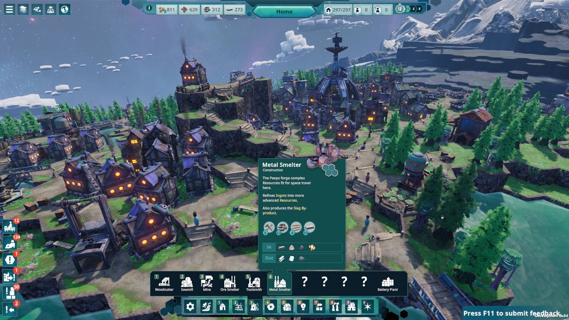 Beyond These Stars: City overview with metal smelter info box on a lush, mountainous space whale landscape.