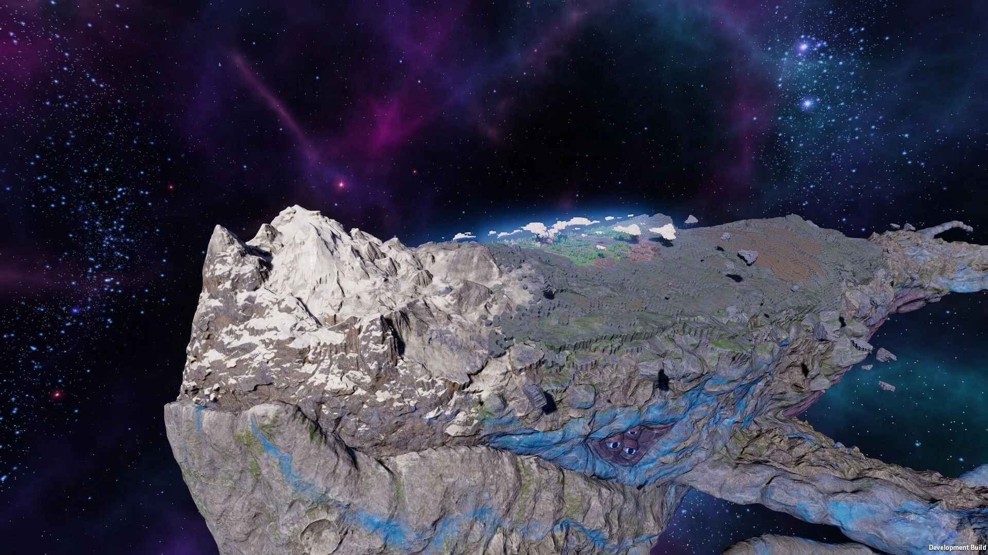 Beyond These Stars: Vast rocky terrain atop a Space Whale floating through a vibrant, starry cosmos.
