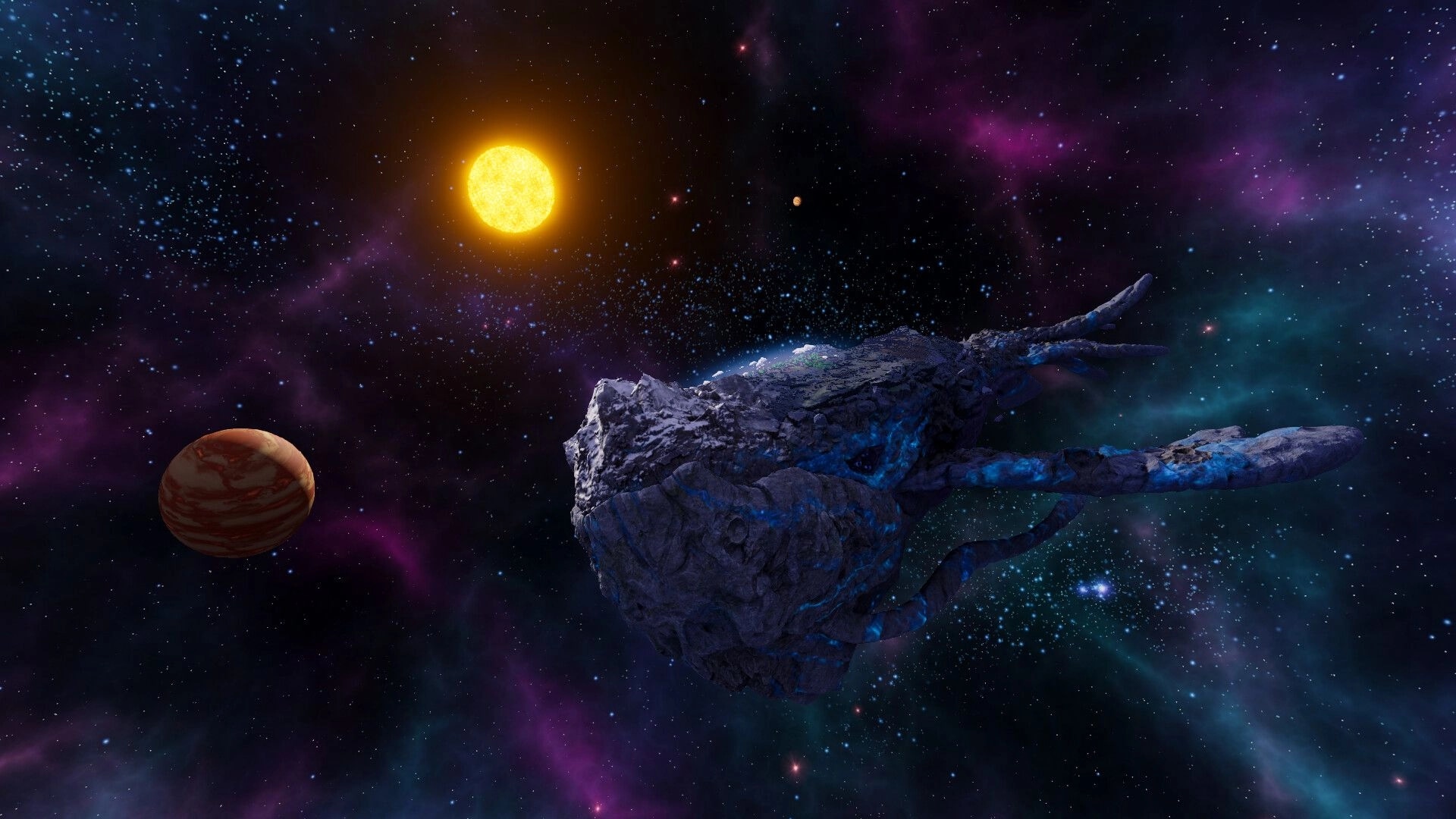 Beyond These Stars: Space Whale journeying past a distant sun and planet in a vibrant galaxy setting.