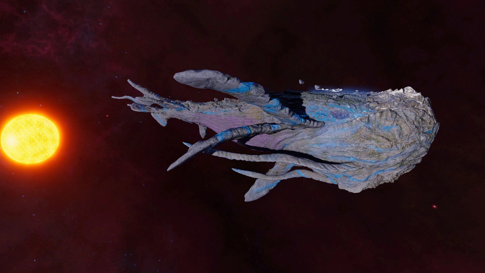 Beyond These Stars: Space Whale floating through galaxy with glowing sun illuminating rocky surface