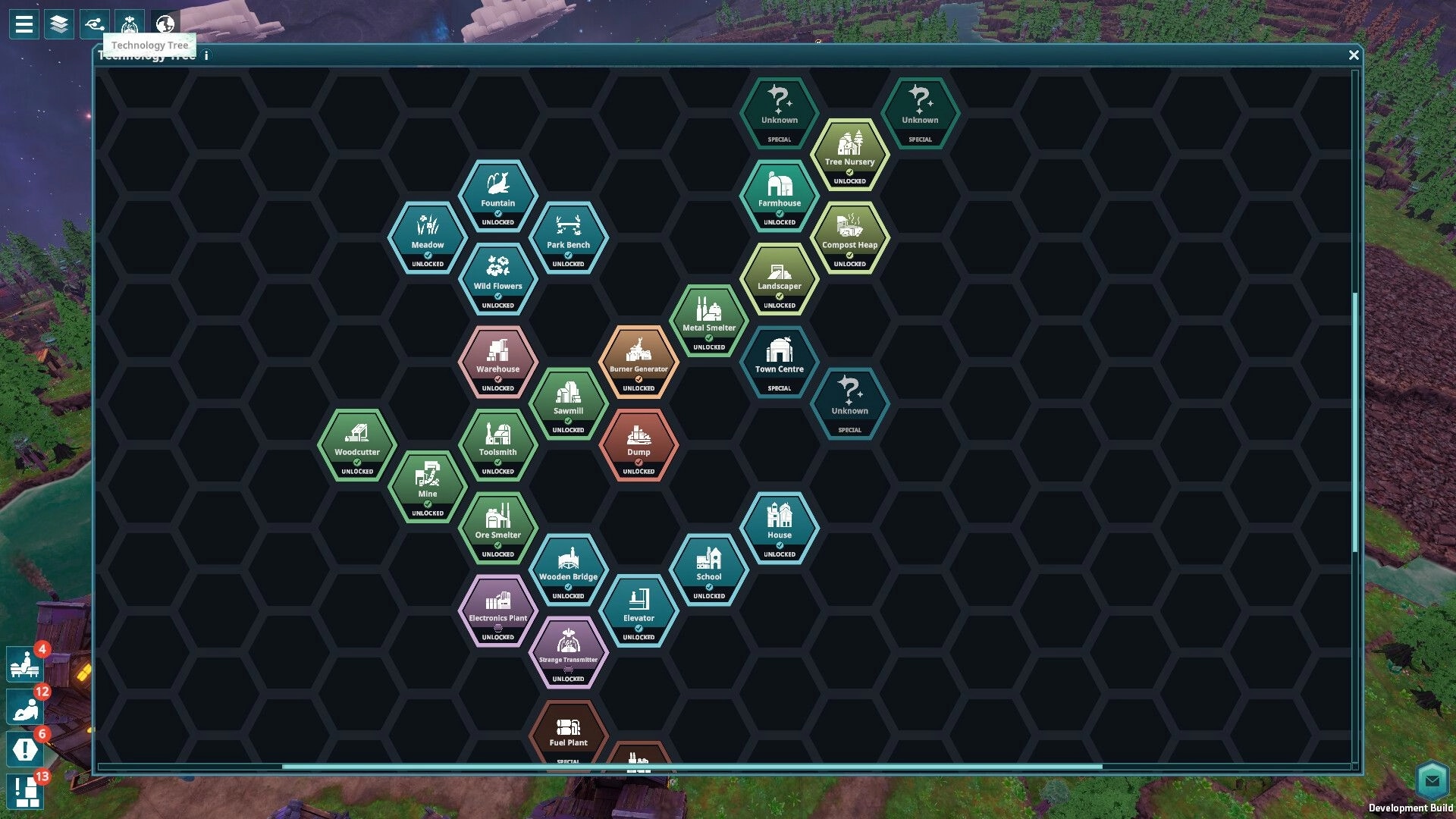 Beyond These Stars: Technology tree interface showing unlocked buildings and upgrades in hexagonal layout