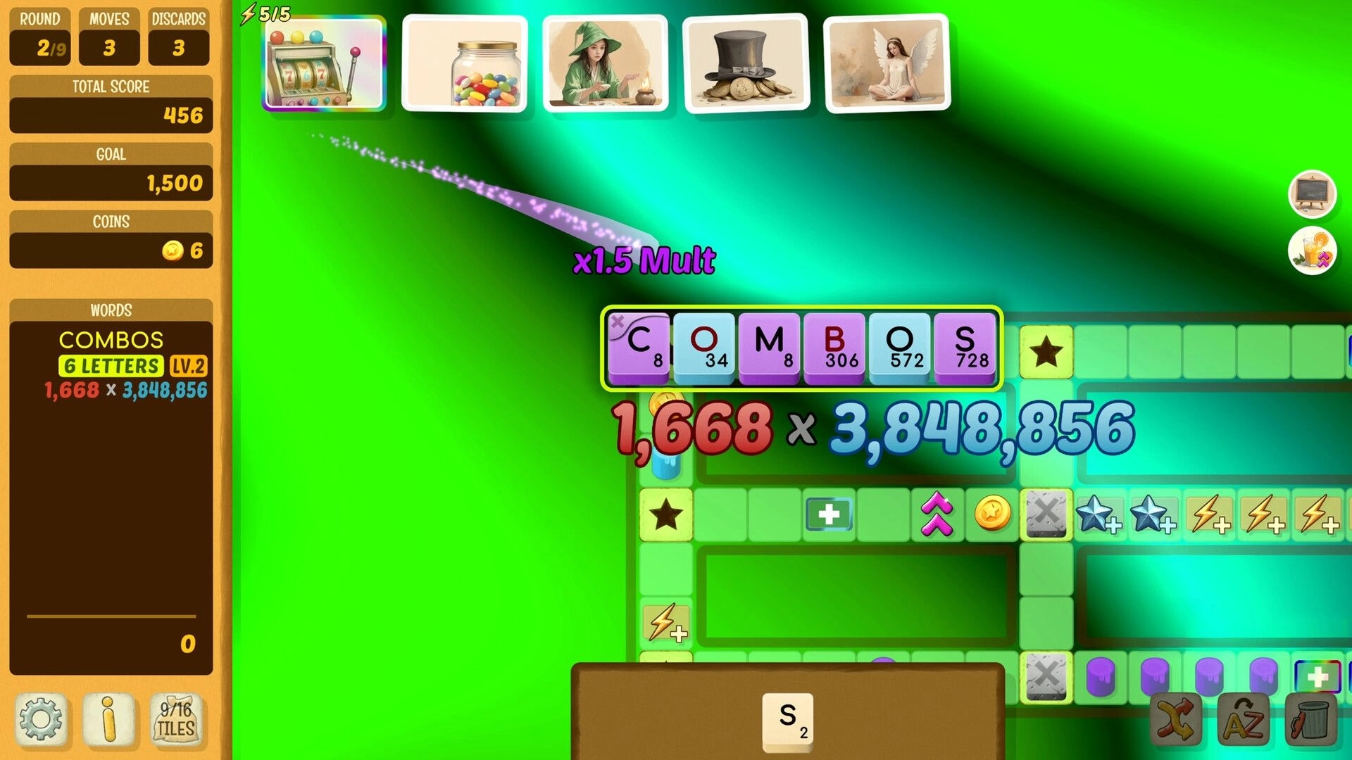 Beyond Words: Word combo calculation and tile board displayed on vibrant green background