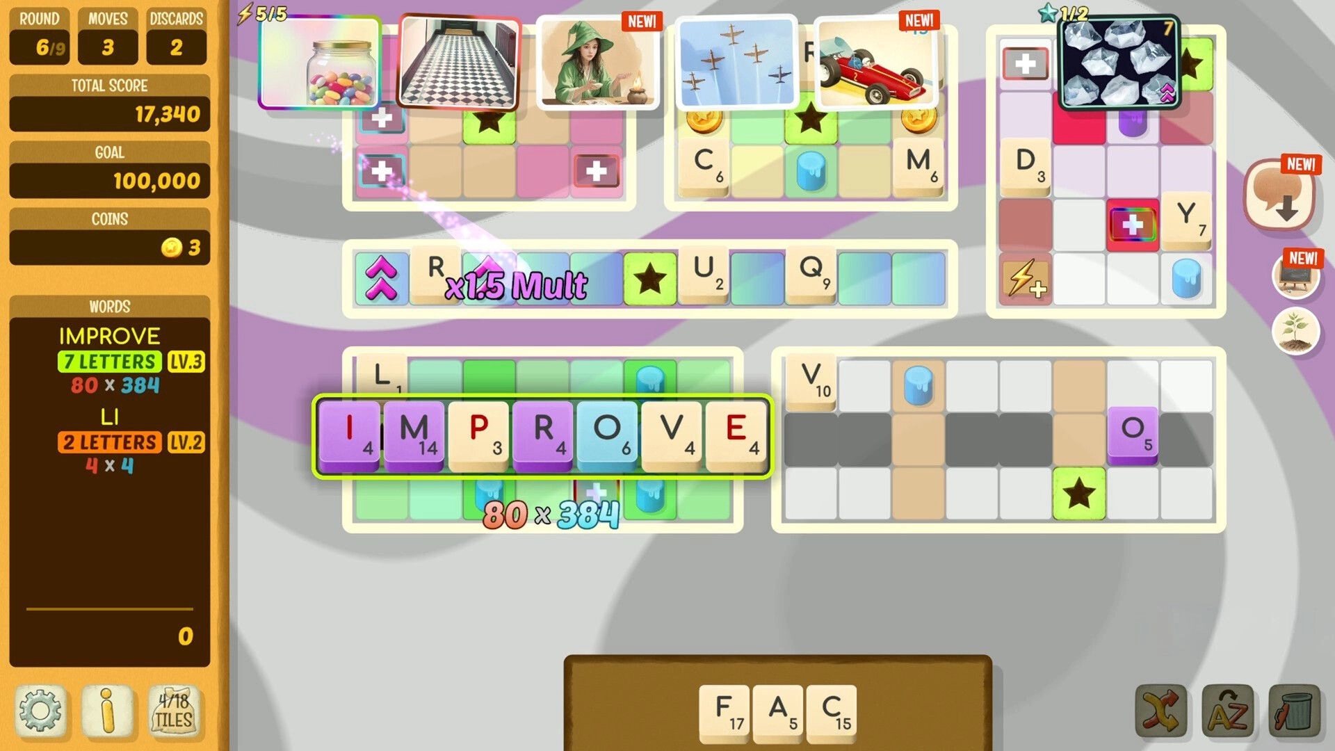 Beyond Words: Word puzzle crafting with score and multiplier UI on colorful game board interface