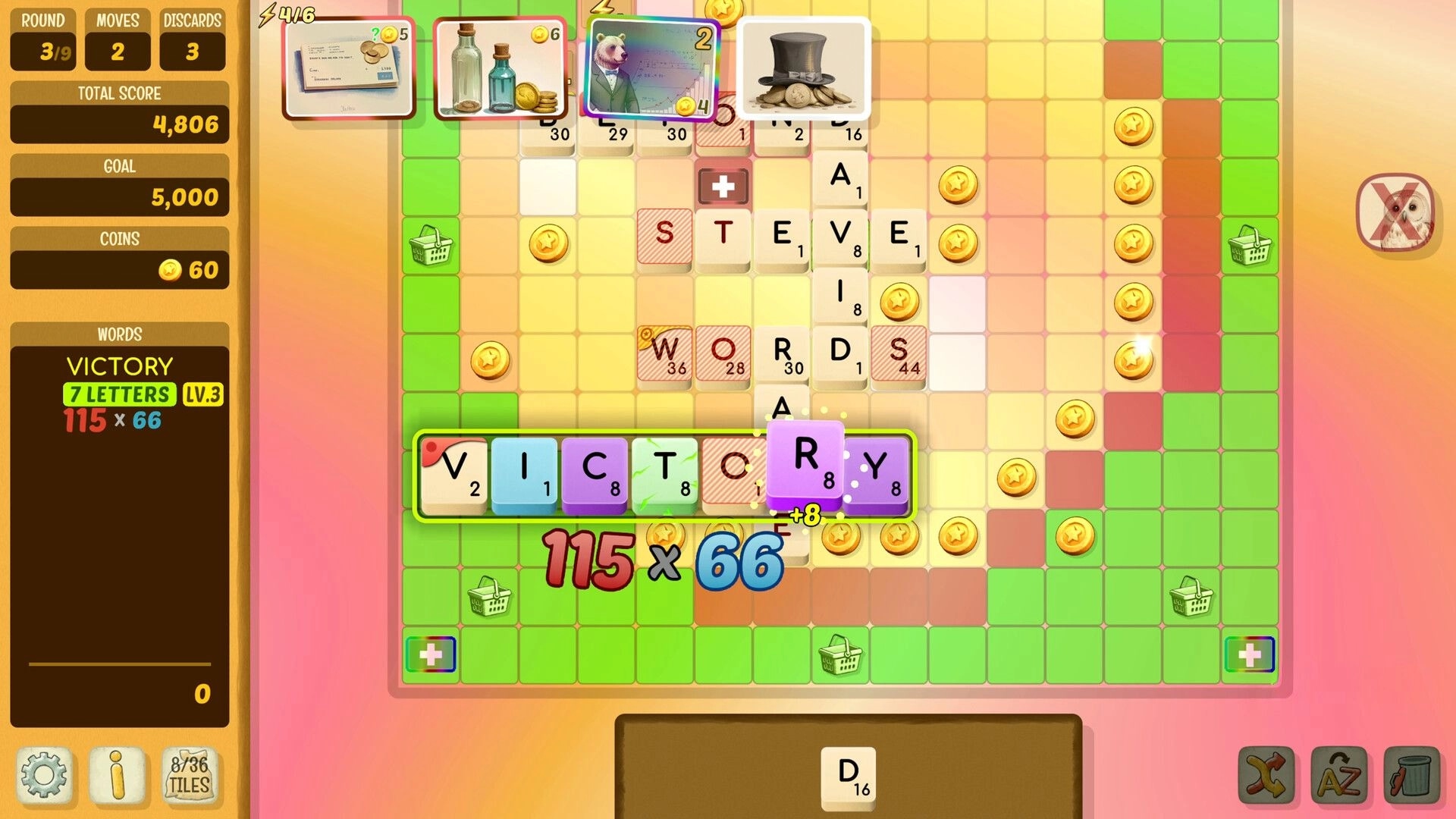 Beyond Words: Word grid with scoring details and special items on a colorful board layout