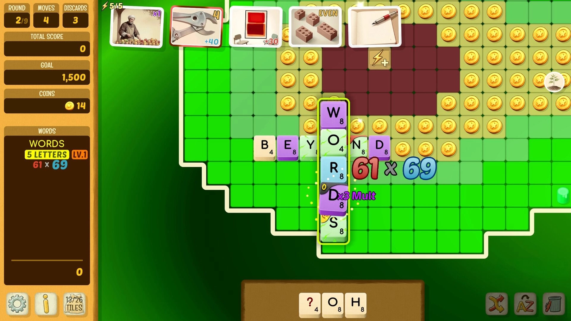 Beyond Words: Strategic word crafting on grid with coins and power-ups in colorful interface
