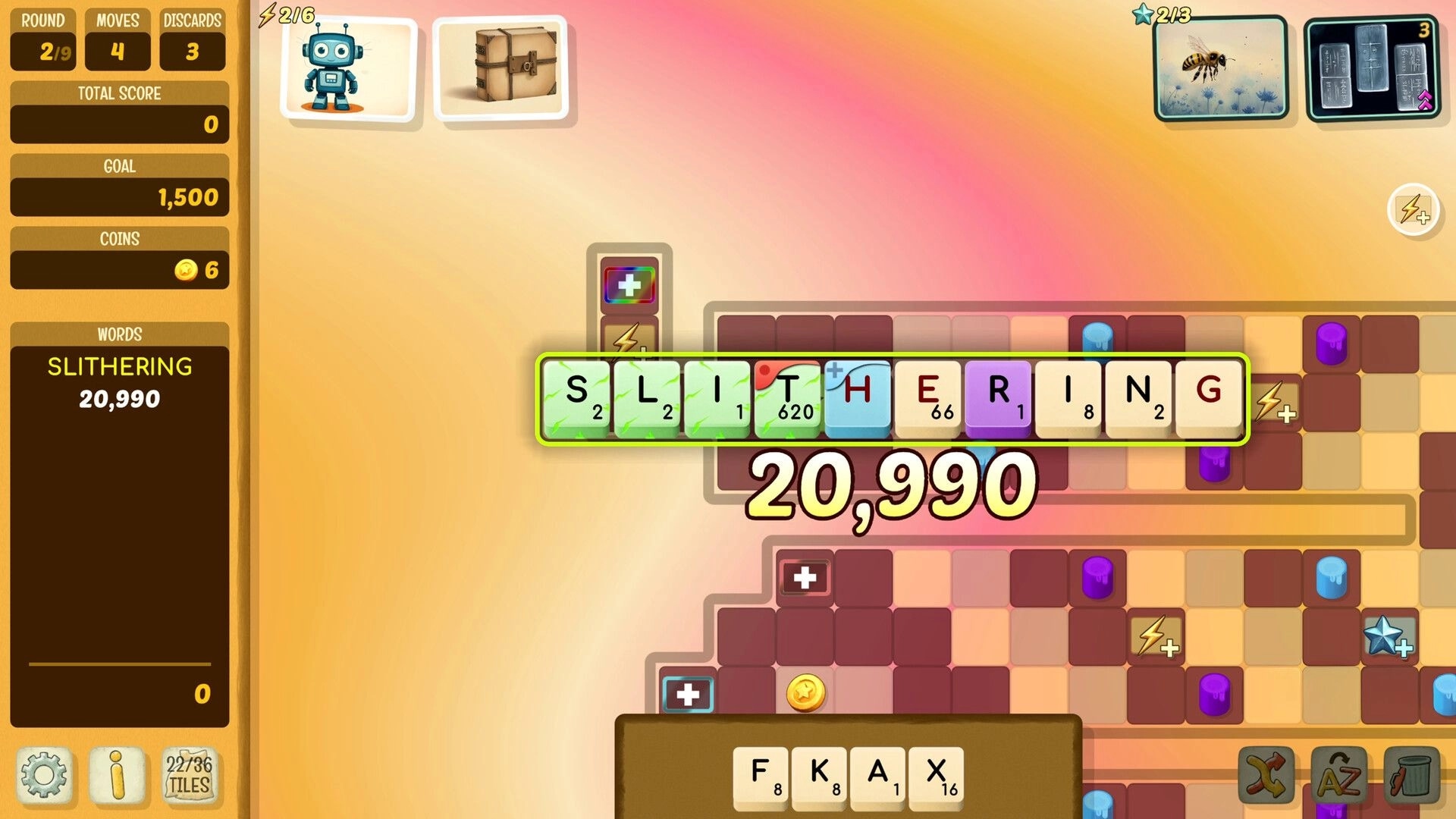 Beyond Words: Word crafting interface with tiles forming "SLITHERING" scoring 20,990 points on grid.