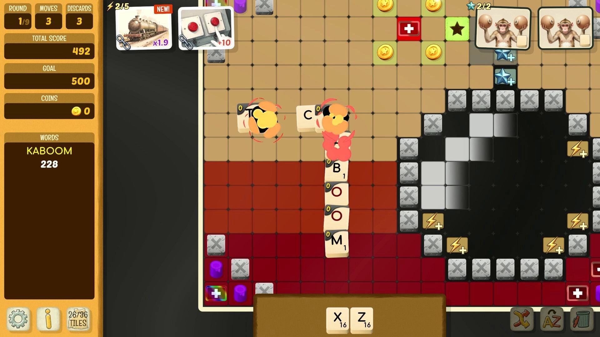 Beyond Words: Word formation with tiles spelling "KABOOM" on grid, score and moves displayed on side.