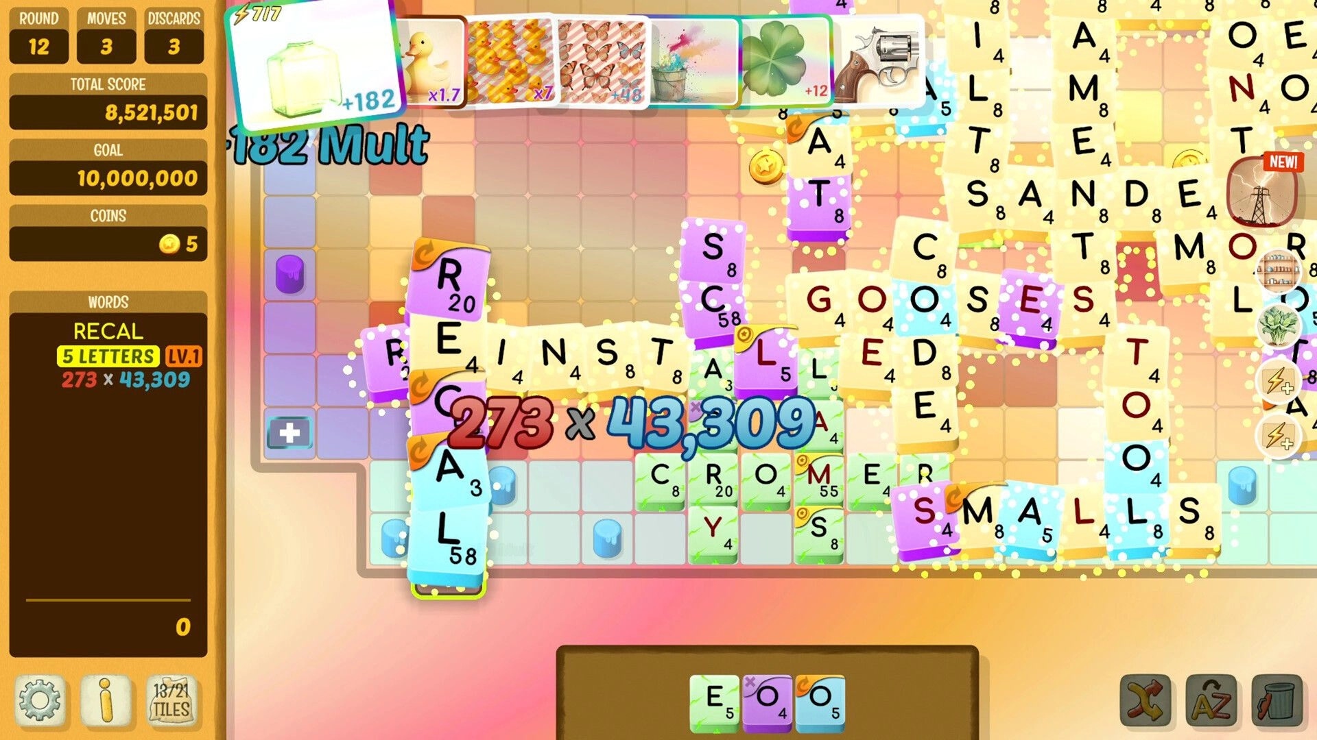 Beyond Words: Strategic word placement on colorful tile board with score and power-ups displayed