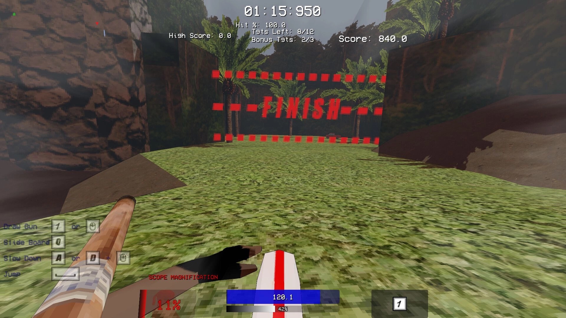 Biathlon Challenge: Player approaches finish line in forest with visible UI elements and score display