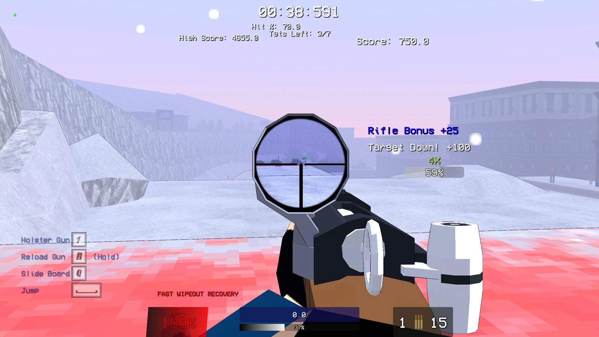 Biathlon Challenge: First-person shooting with scope view, score and timer displayed in snowy landscape
