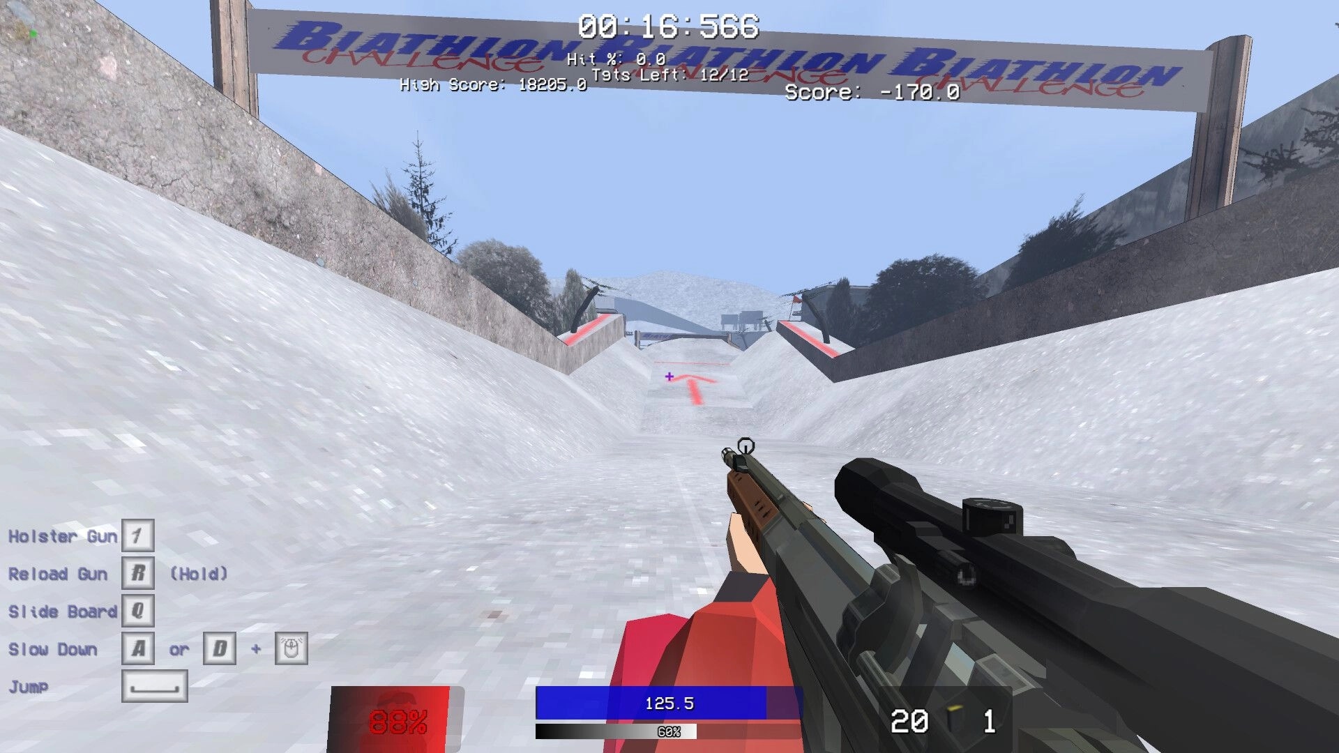 Biathlon Challenge: First-person view skiing down snowy track with rifle aimed, HUD displays controls