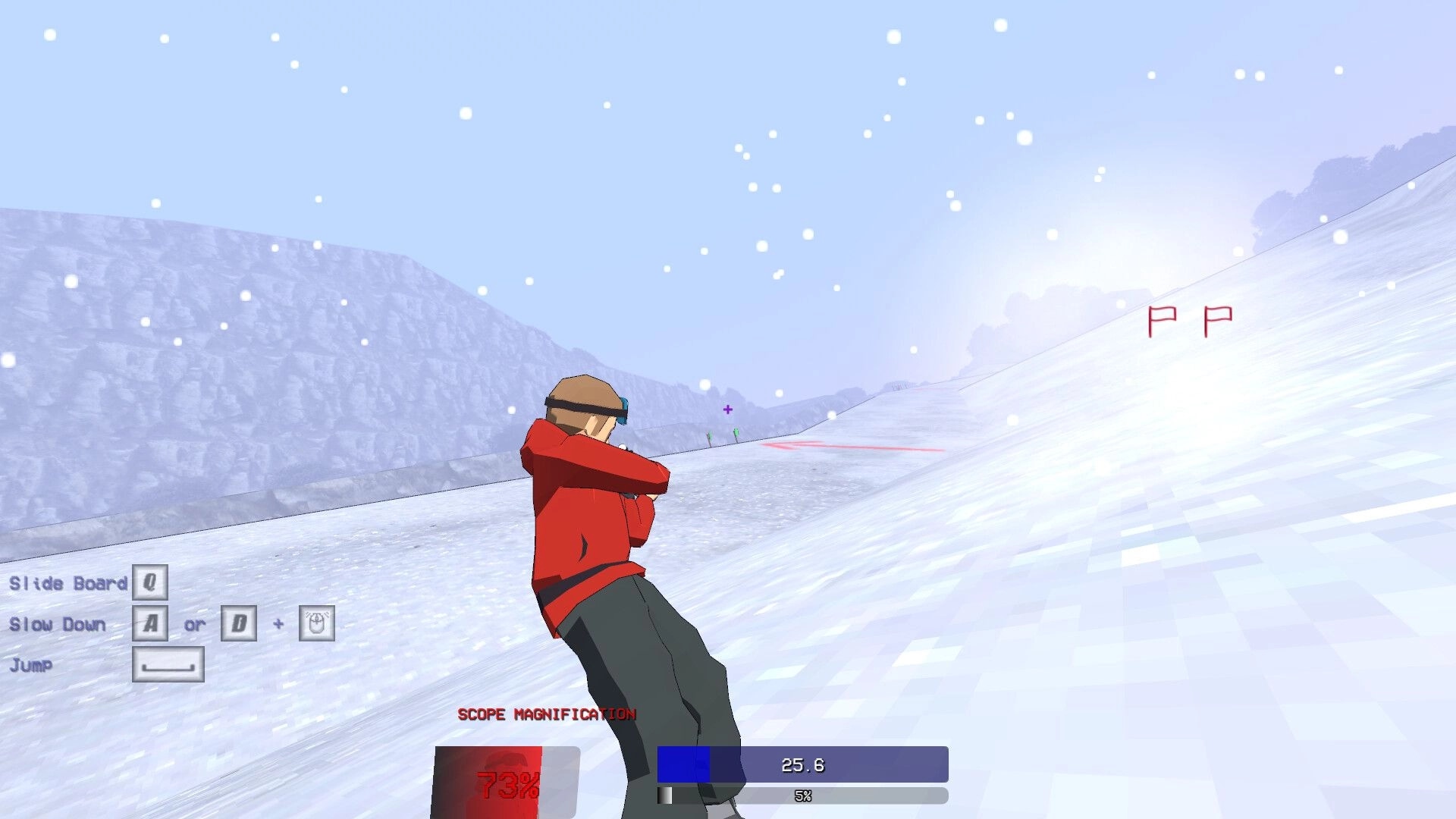 Biathlon Challenge: Player aiming rifle while skiing downhill in snowy landscape with controls displayed