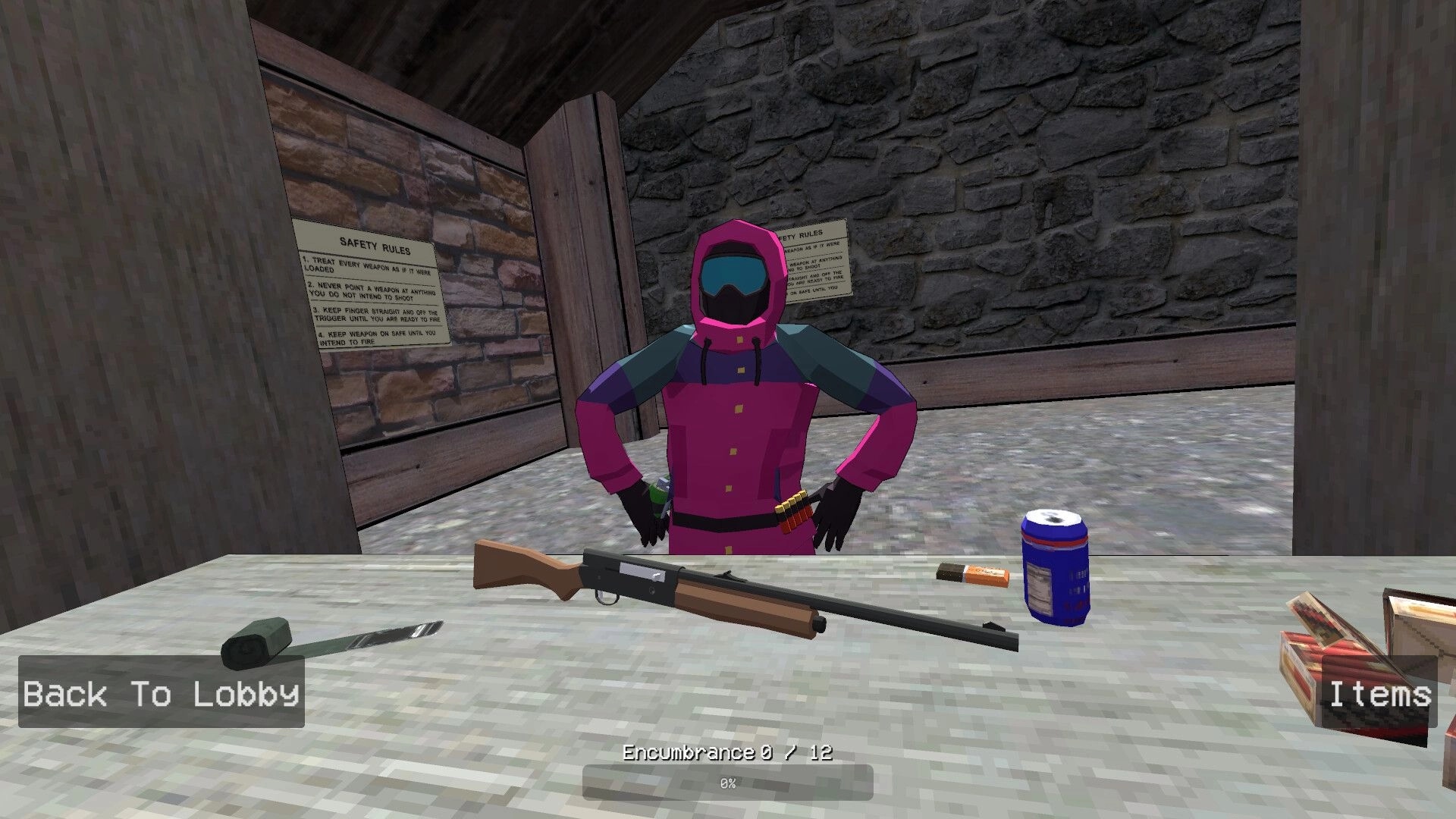 Biathlon Challenge: Character in pink gear at shooting range with rifle, knife, and soda on table