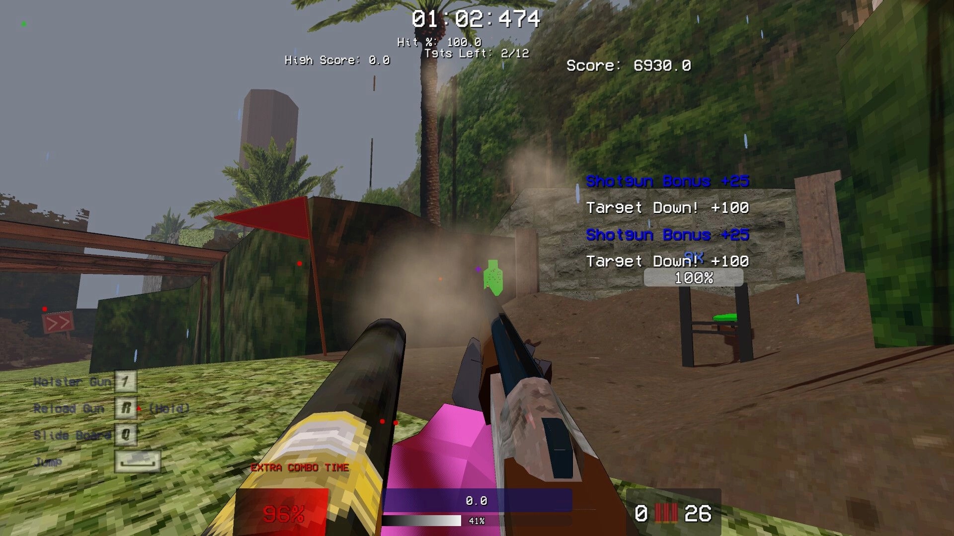 Biathlon Challenge: First-person shooting in jungle setting with score and hit information on screen