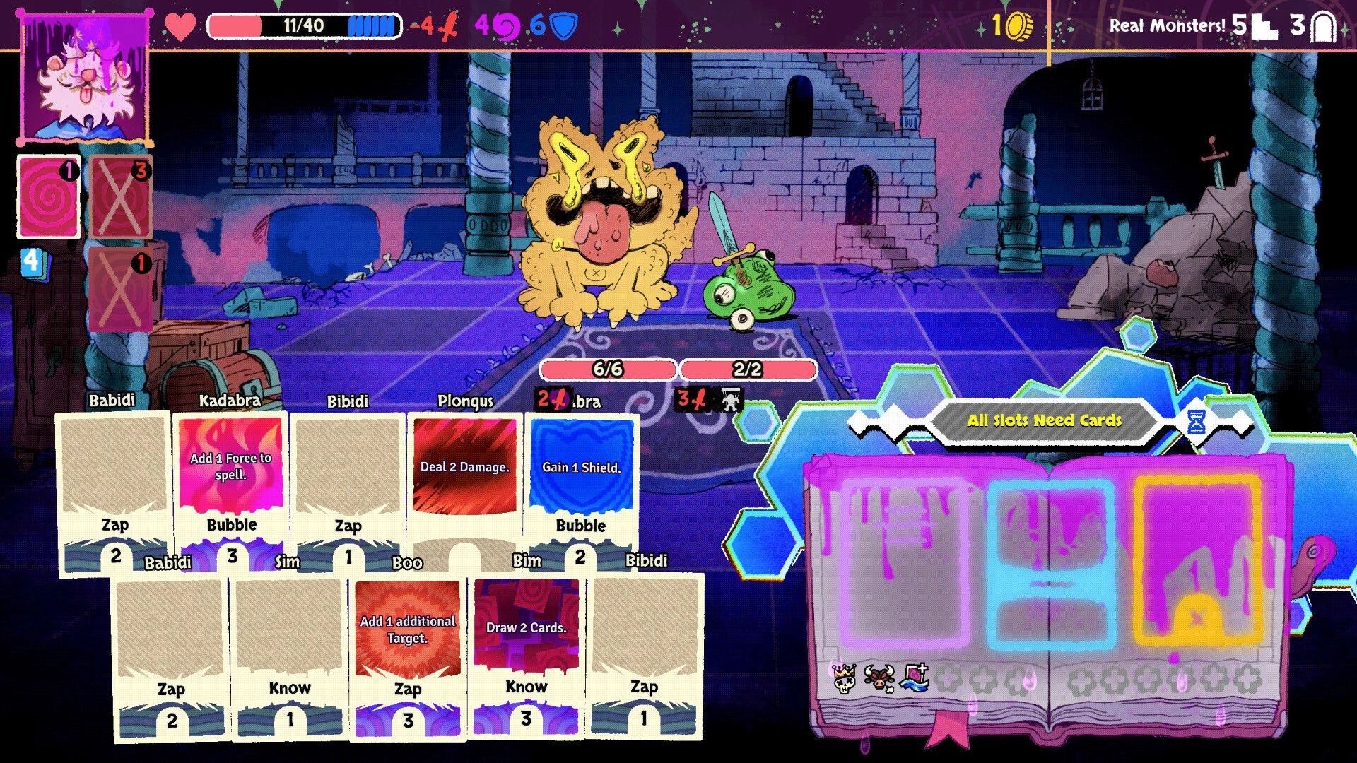 Bibidi Bibidi!: Wizard battles monster in dungeon with cards like "Zap" and "Bubble" in spellbook.
