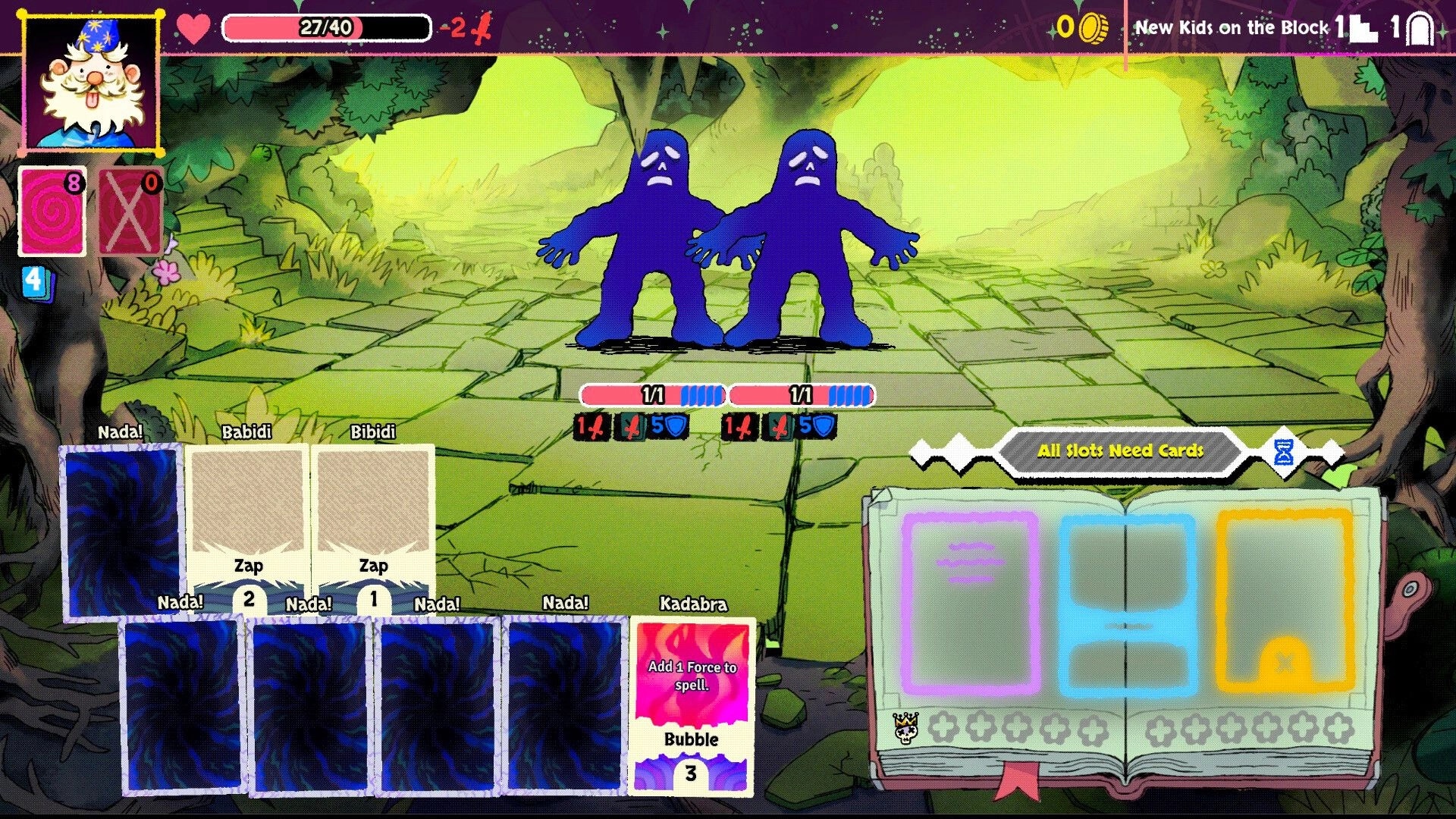Bibidi Bibidi!: Wizard battles two blue creatures in forest clearing with spell cards and open spellbook.