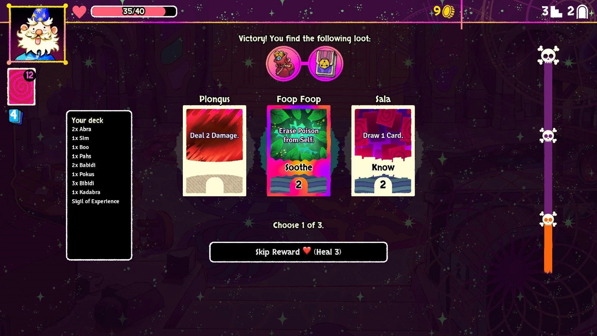 Bibidi Bibidi!: Victory screen with three card choices—Plongus, Foop Foop, Sala—amidst dungeon backdrop.