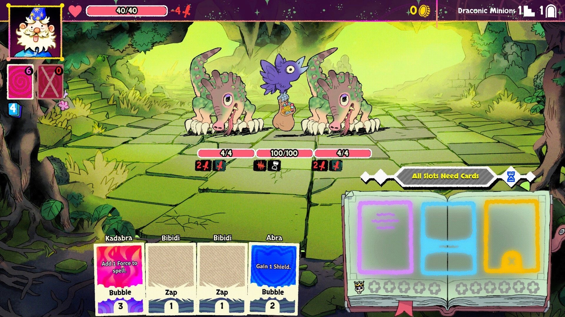 Bibidi Bibidi!: Combat with draconic minions and bird in enchanted forest, spell cards ready to use