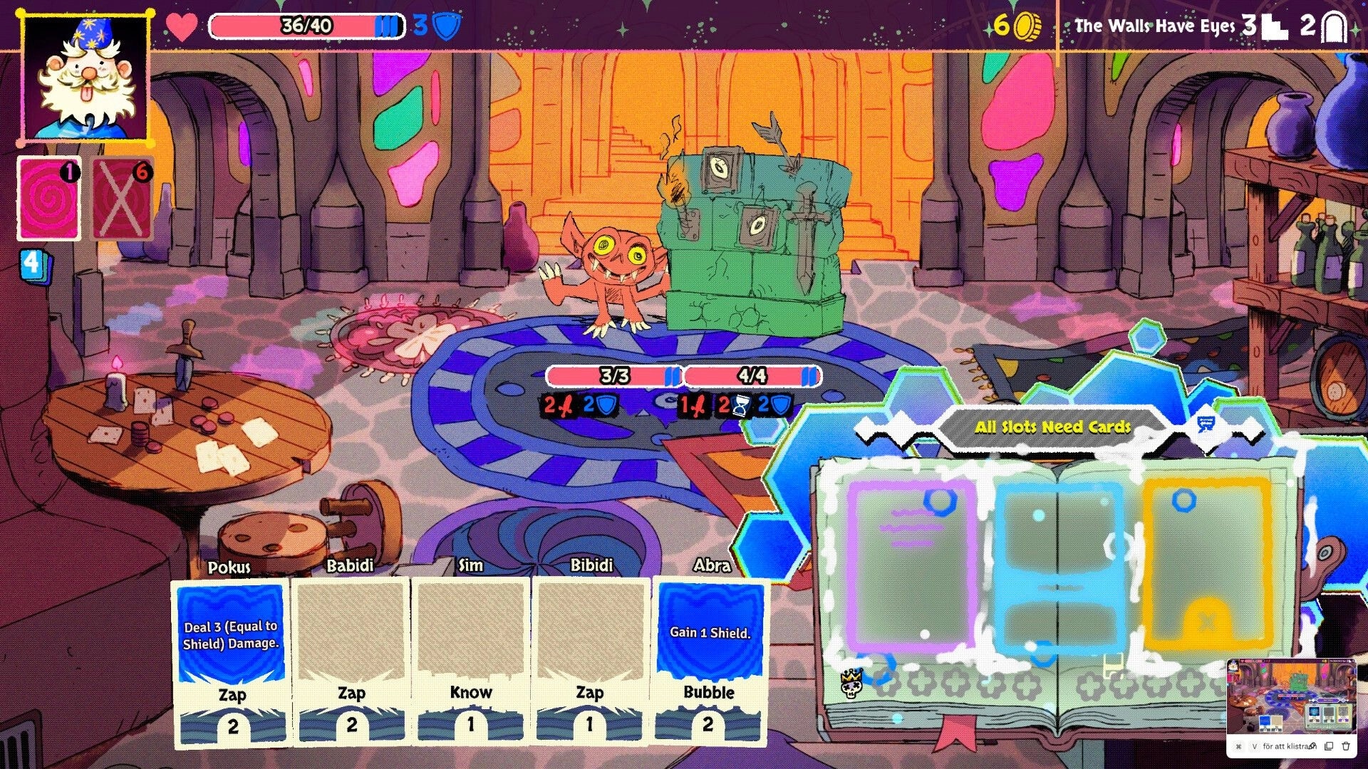 Bibidi Bibidi!: Wizard battling creatures in a colorful dungeon with open spellbook and cards displayed
