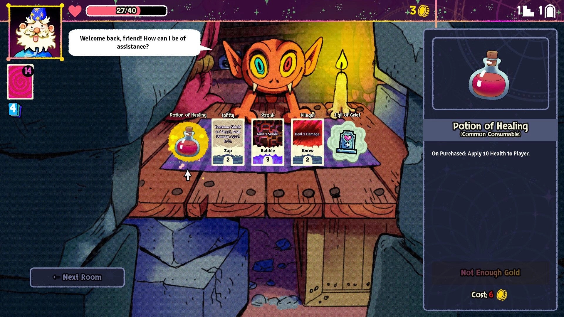 Bibidi Bibidi!: Goblin merchant offers cards and potions at a wooden table in a dimly lit cavern room.