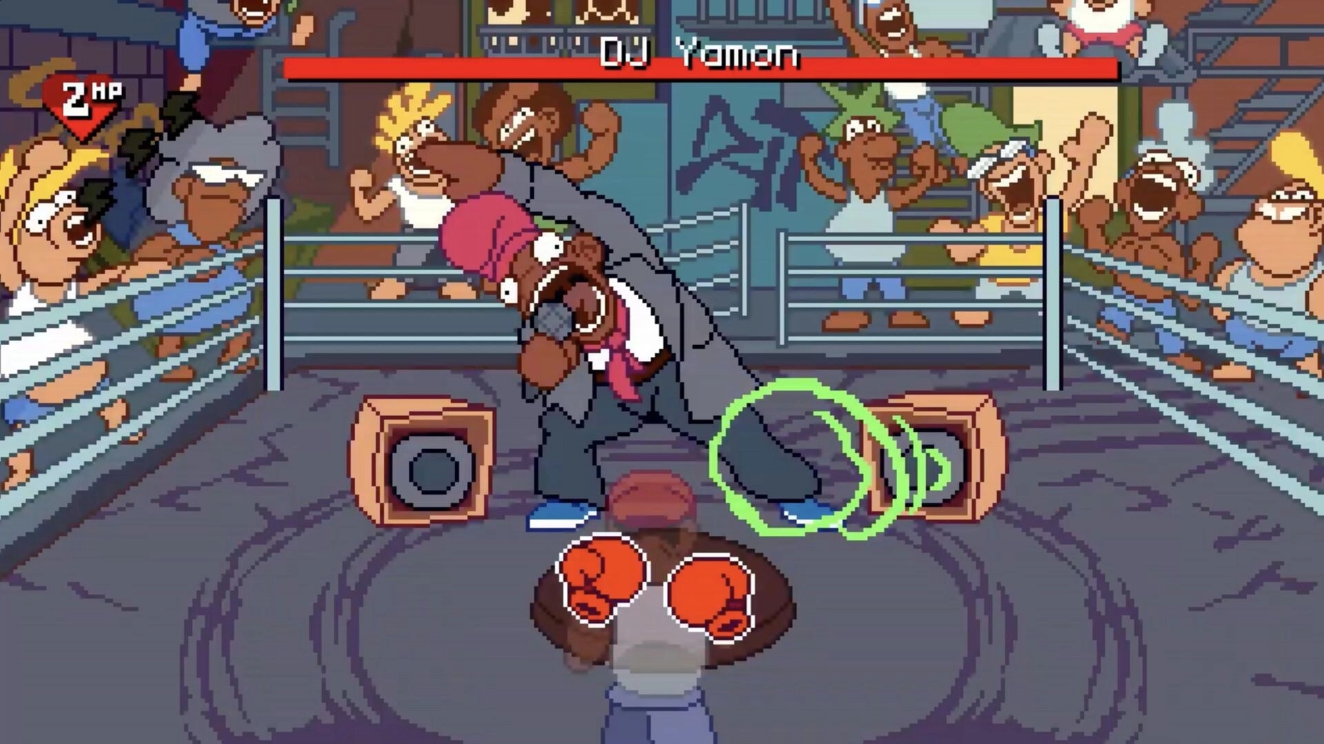 Big Boy Boxing: Player squares off against DJ Yamon in a ring, boss HP bar and 2 HP UI visible.