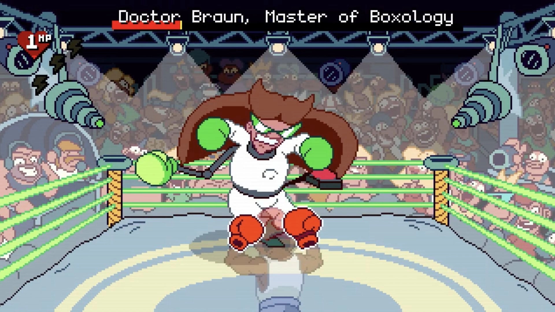 Big Boy Boxing: Doctor Broun boss fight in boxing ring with crowd, HP icon, and boss health bar above.