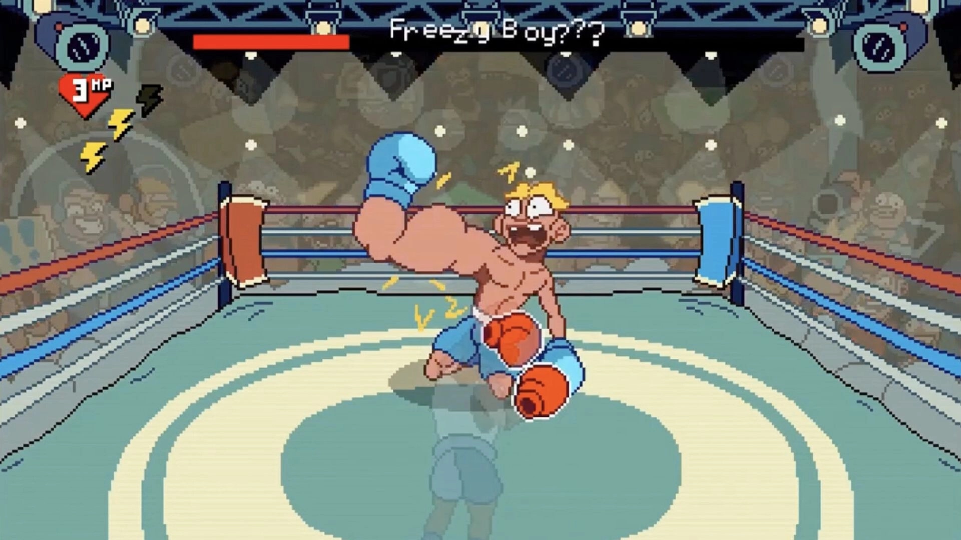 Big Boy Boxing: Boxer staggers with raised glove as Freezy Boy??? health bar looms in crowded ring arena.