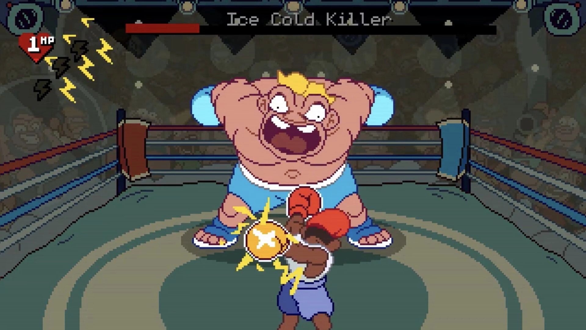 Big Boy Boxing: Player punches Ice Cold Killer in ring, boss HP bar and 1 HP warning in arena.