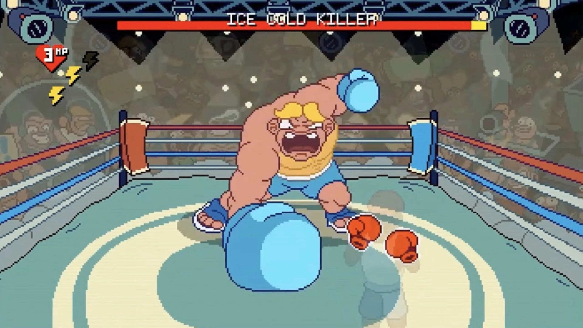 Big Boy Boxing: Ice Cold Killer boss fight in boxing ring, HP 3 and stamina icons with top health bar.
