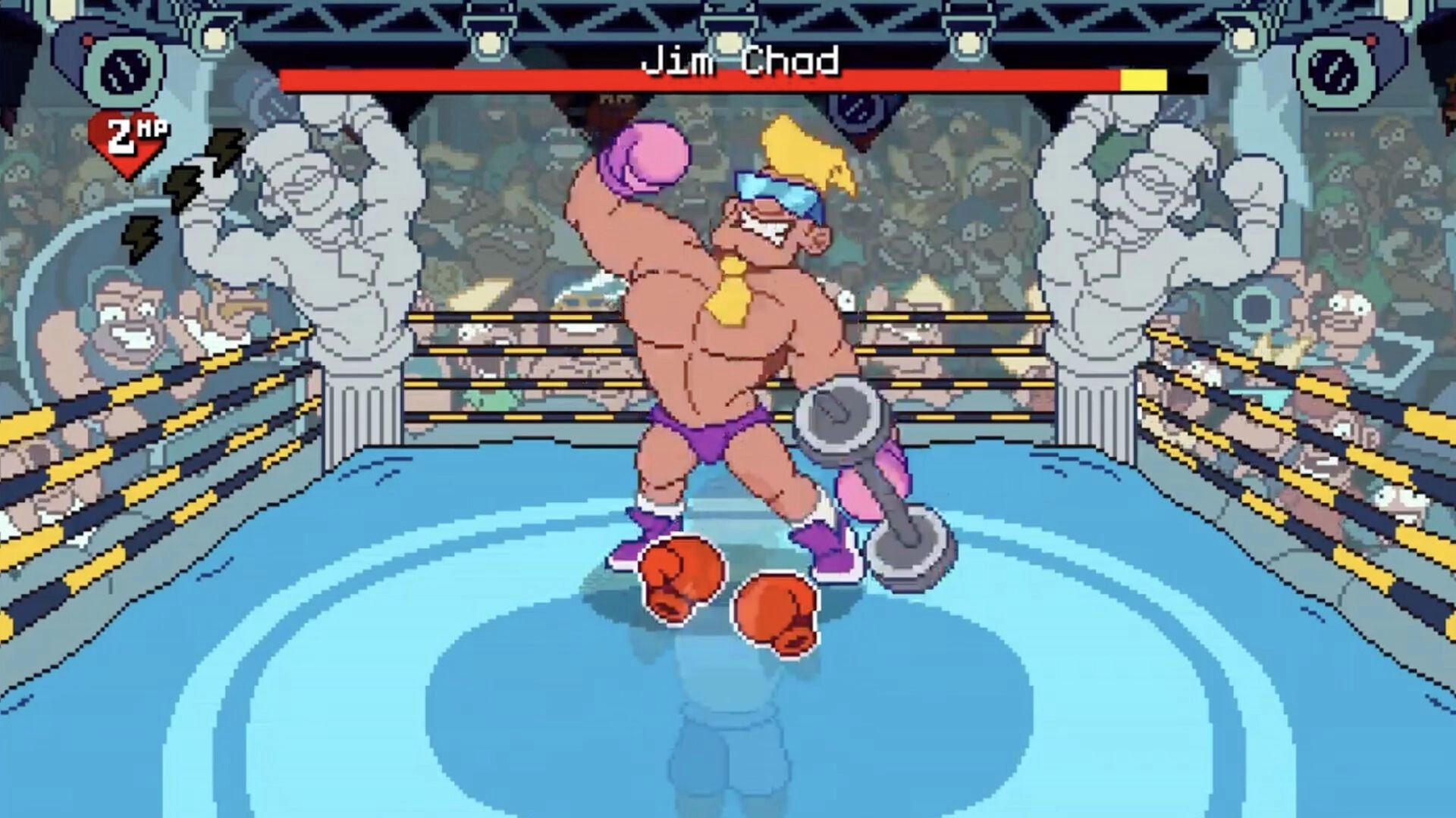 Big Boy Boxing: Jim Chad flexes in the ring over fallen gloves, boss health bar and 2P icon above.