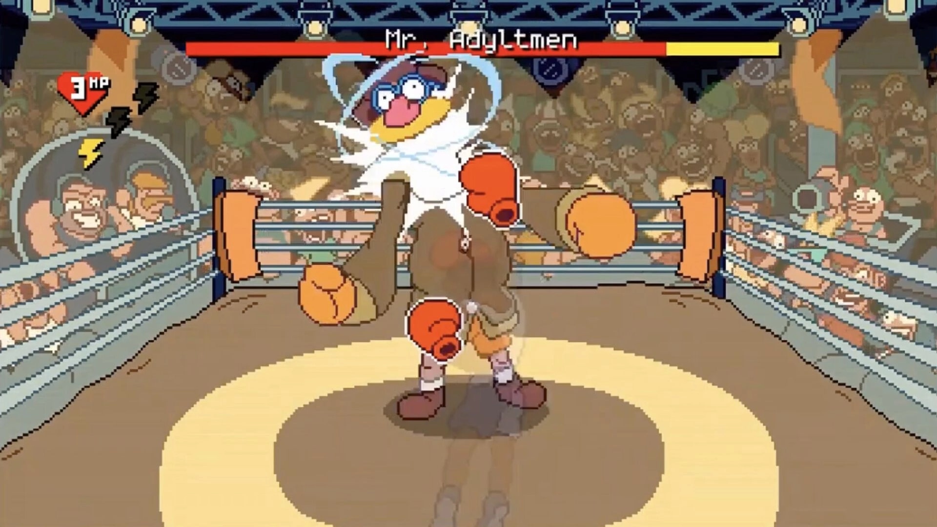 Big Boy Boxing: Fighting Mr. Adylmen in a boxing ring, HP icon and boss health bar over crowd.