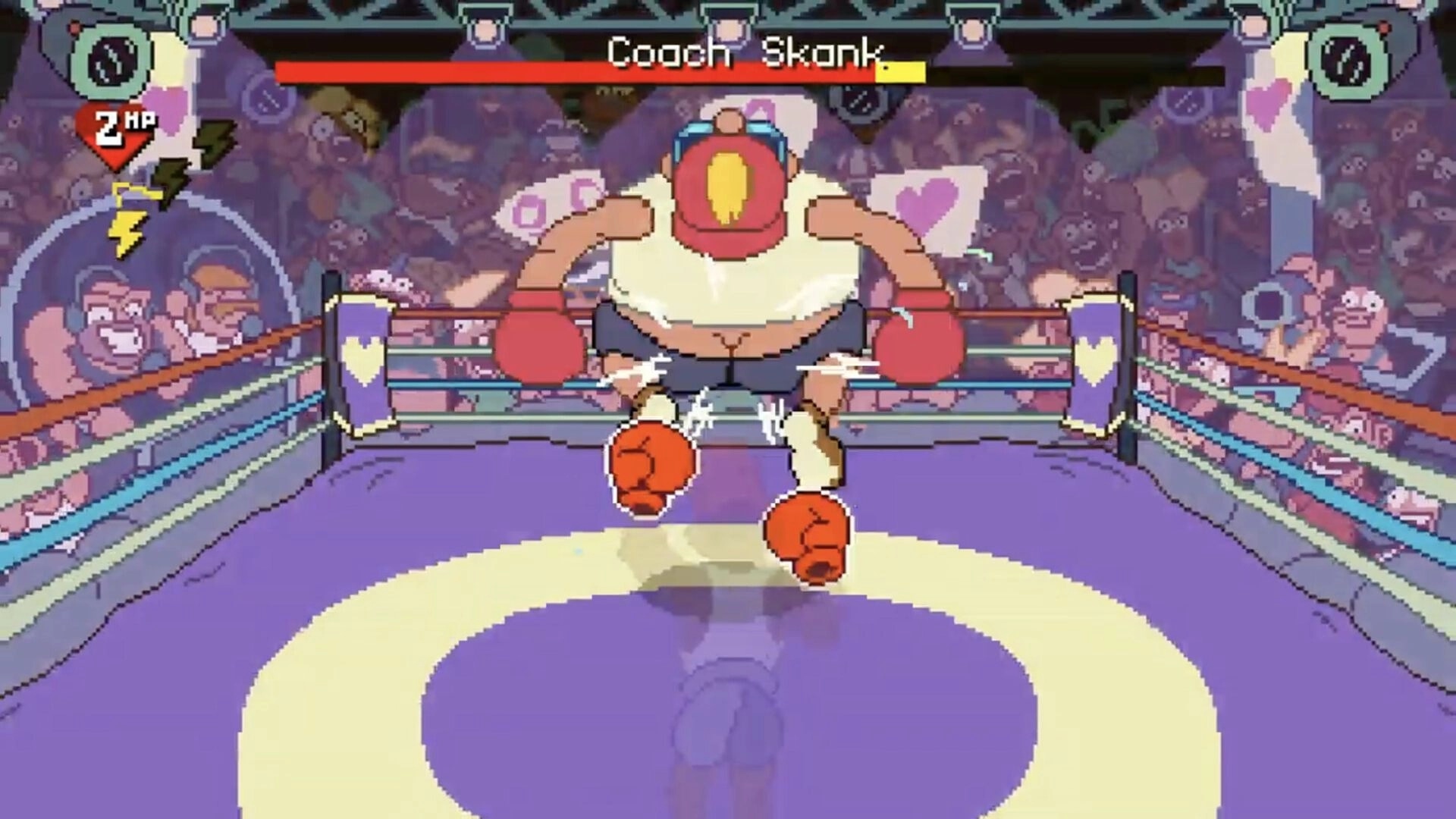 Big Boy Boxing: Boss Cooch Skank charges in the ring as 2 HP UI and boss health bar fill arena.