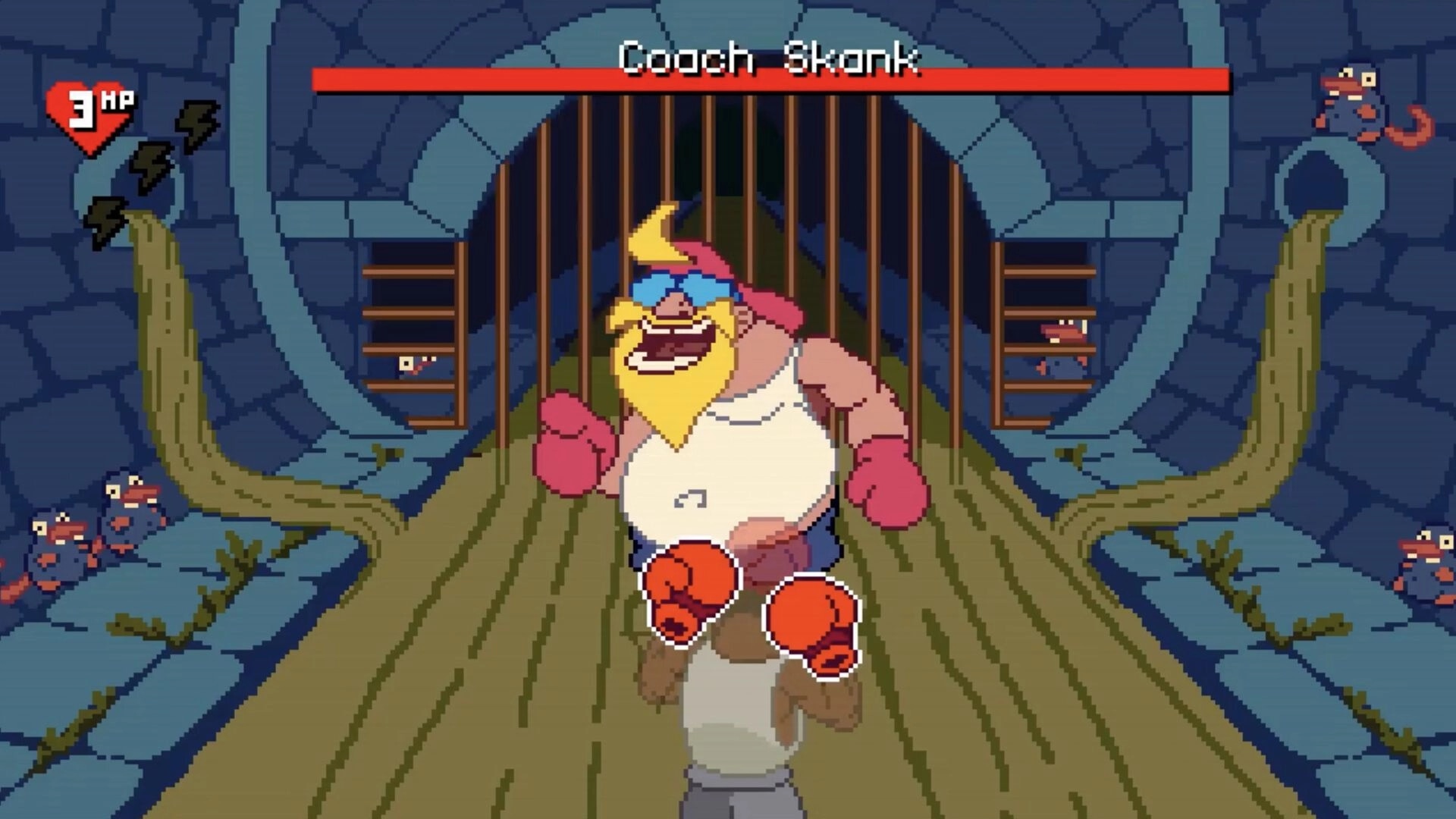 Big Boy Boxing: Boss fight vs Cooch Skank in sewer tunnel arena with HP hearts and boss bar UI.