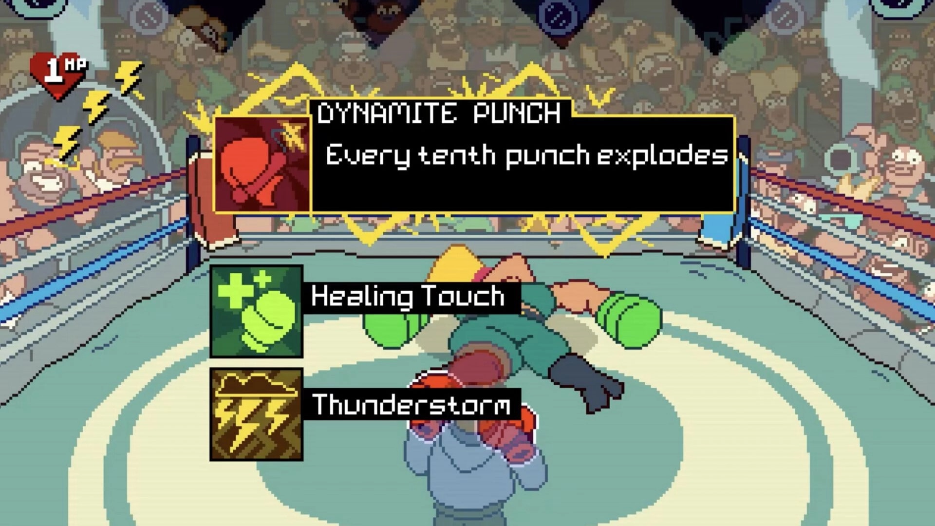 Big Boy Boxing: Ability choice popup for Dynamite Punch over boxing ring with crowd and 1 HP UI.