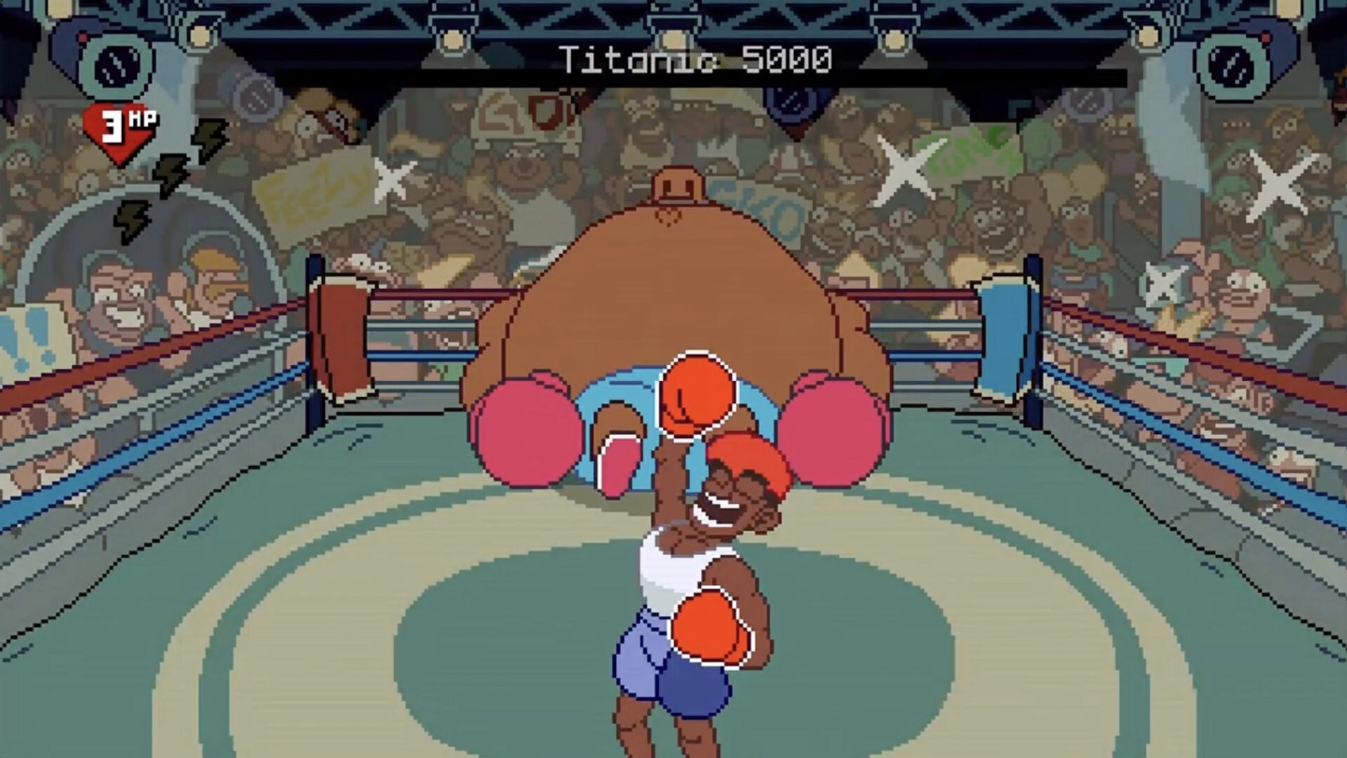 Big Boy Boxing: Boxer celebrates as Titanic 5000 collapses in ring, 3 HP UI over crowd.