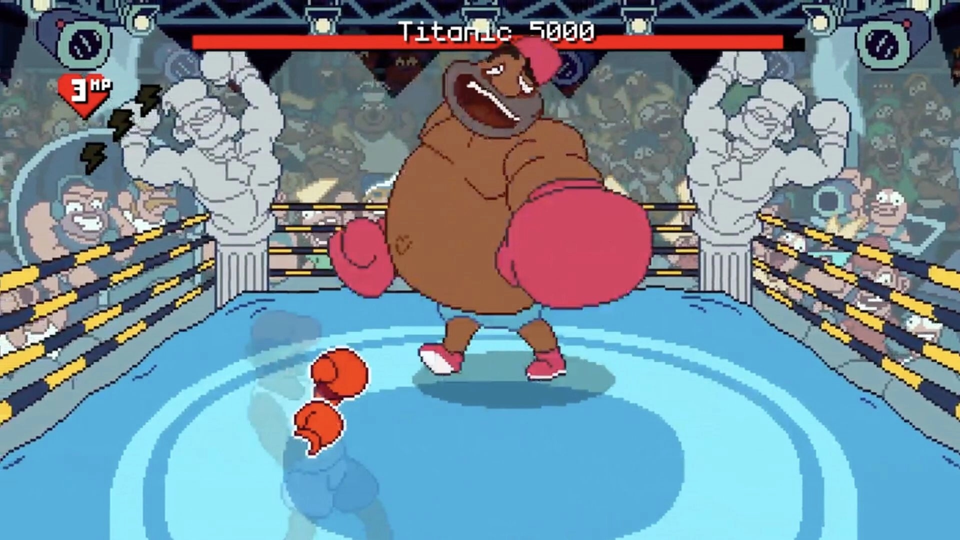 Big Boy Boxing: Boss Titonic squares up in ring with health bar and 3 AP UI, cheering crowd behind.