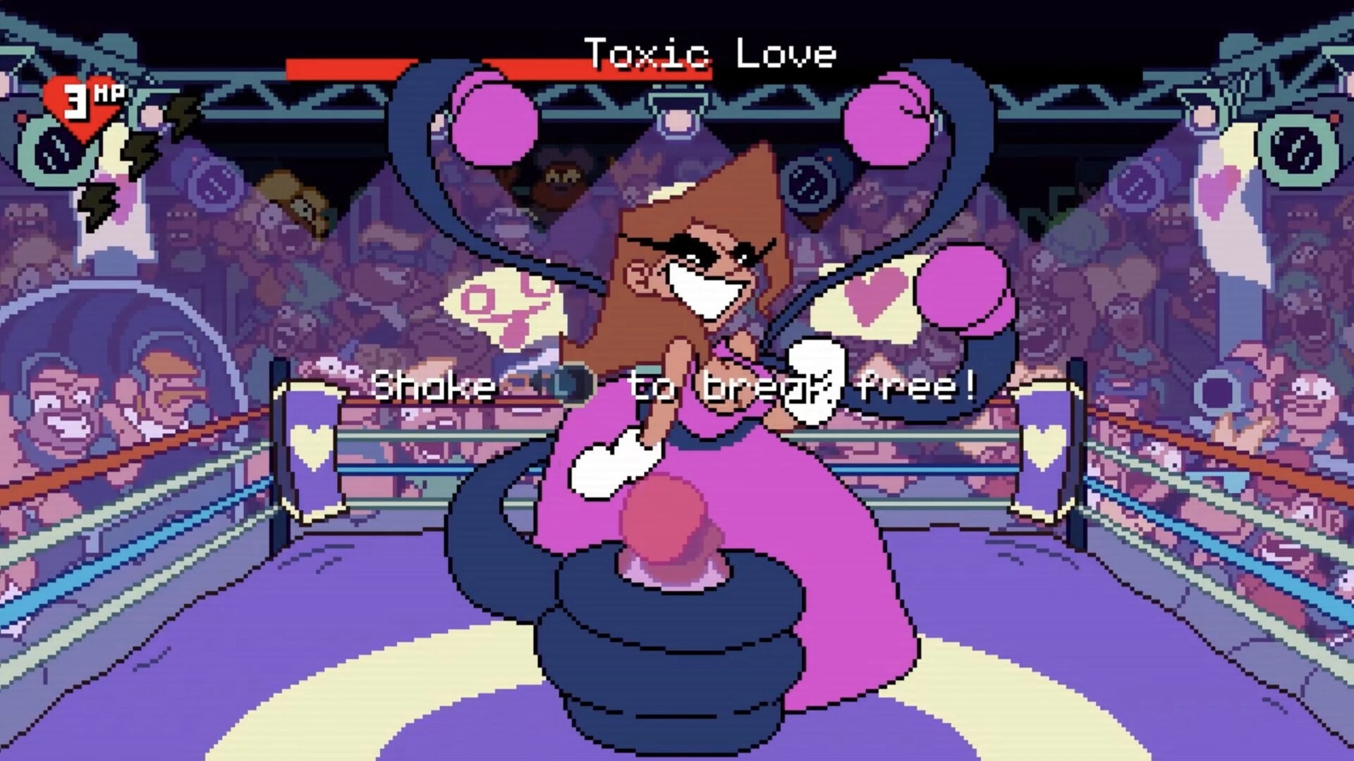 Big Boy Boxing: Boss Toxic Love grapples the boxer in a ring, HP 3 shown with “Shake to break free!” prompt.