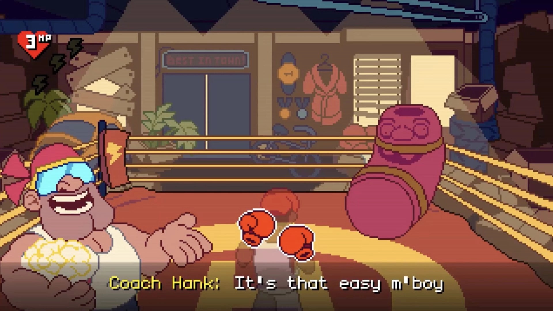 Big Boy Boxing: Boxer facing a huge opponent in a gym ring, 3 HP heart UI and dialogue text below.