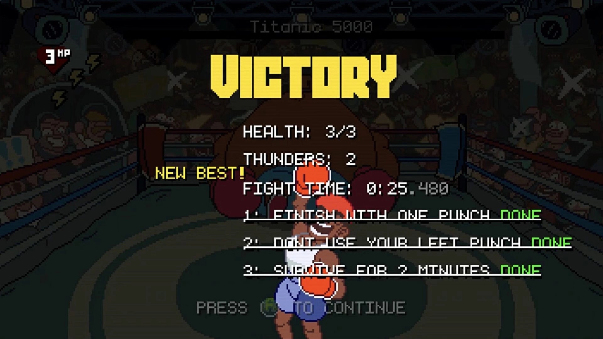 Big Boy Boxing: Victory results screen over boxing ring with health 3/3, thunders 2, time 0:25.480.
