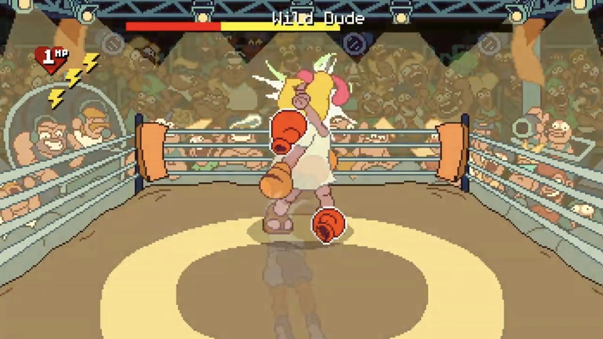 Big Boy Boxing: Wild Dude takes a punch in the ring, 1 HP UI and boss health bar above crowd.