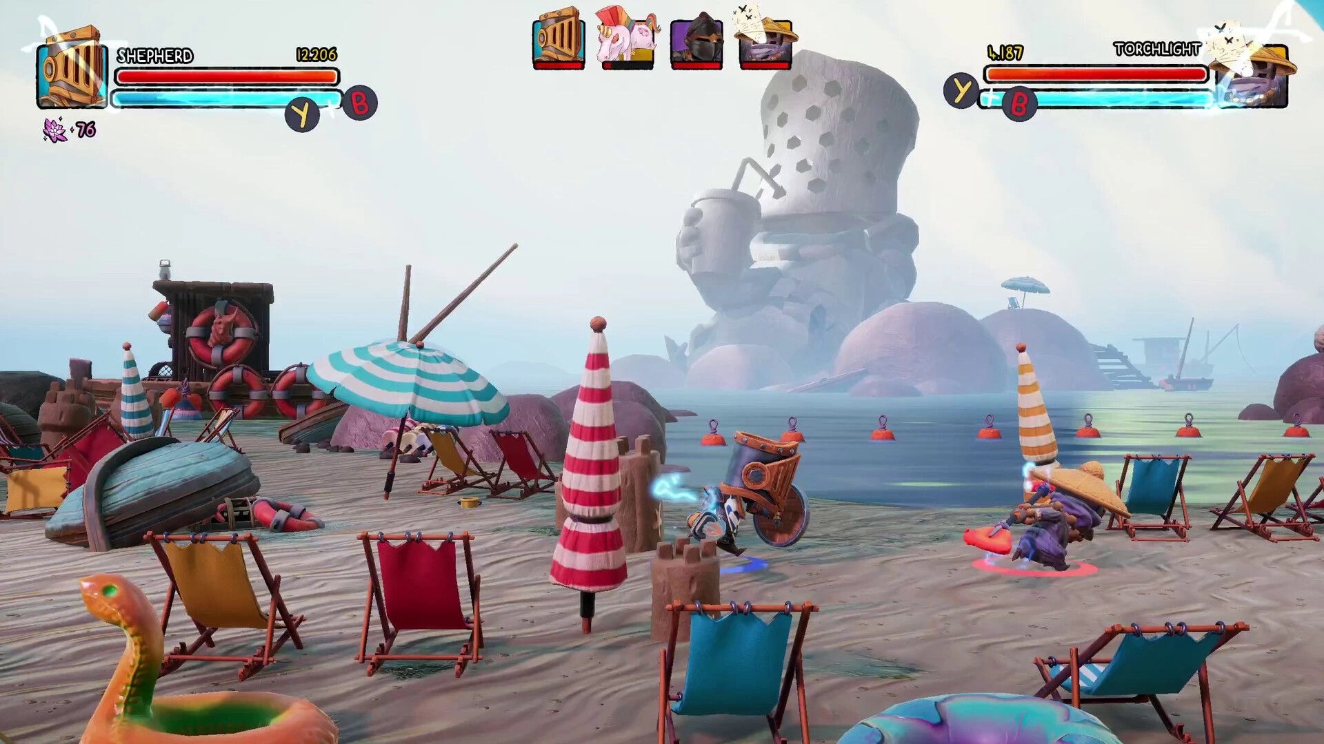 Big Helmet Heroes: Knights engaged in beachside battle with umbrellas and sandcastles under clear sky