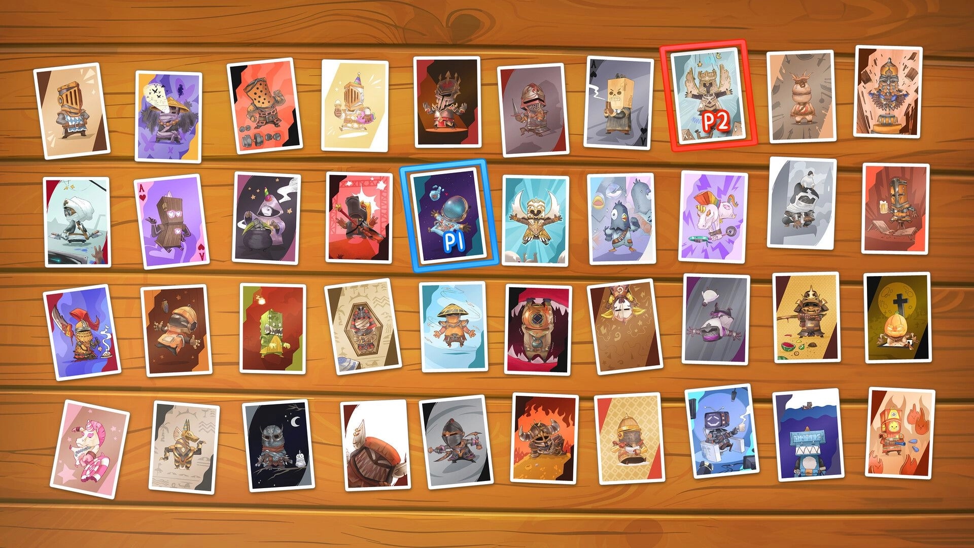 Big Helmet Heroes: Character card selection on wooden table with player one and two highlighted cards