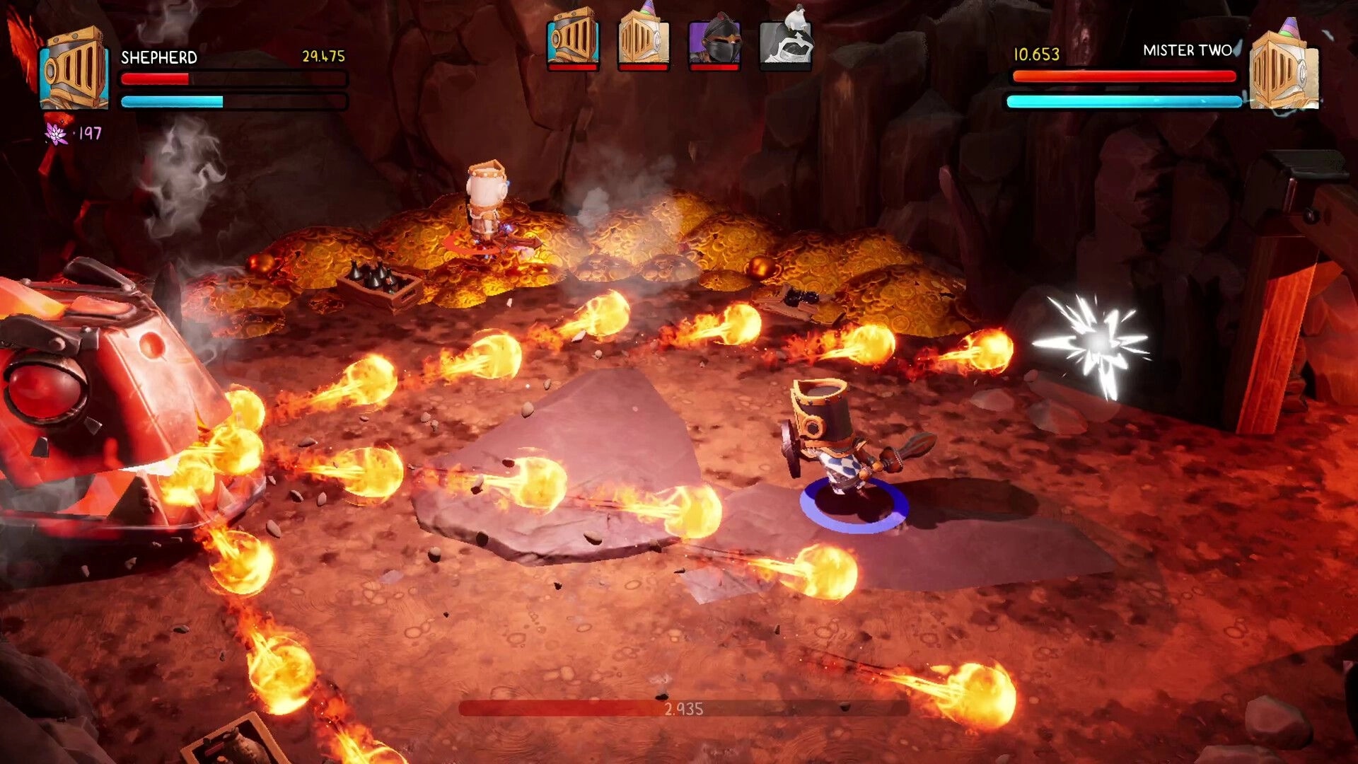 Big Helmet Heroes: Knight dodges fireballs in fiery cave, surrounded by treasure and enemy health bars.
