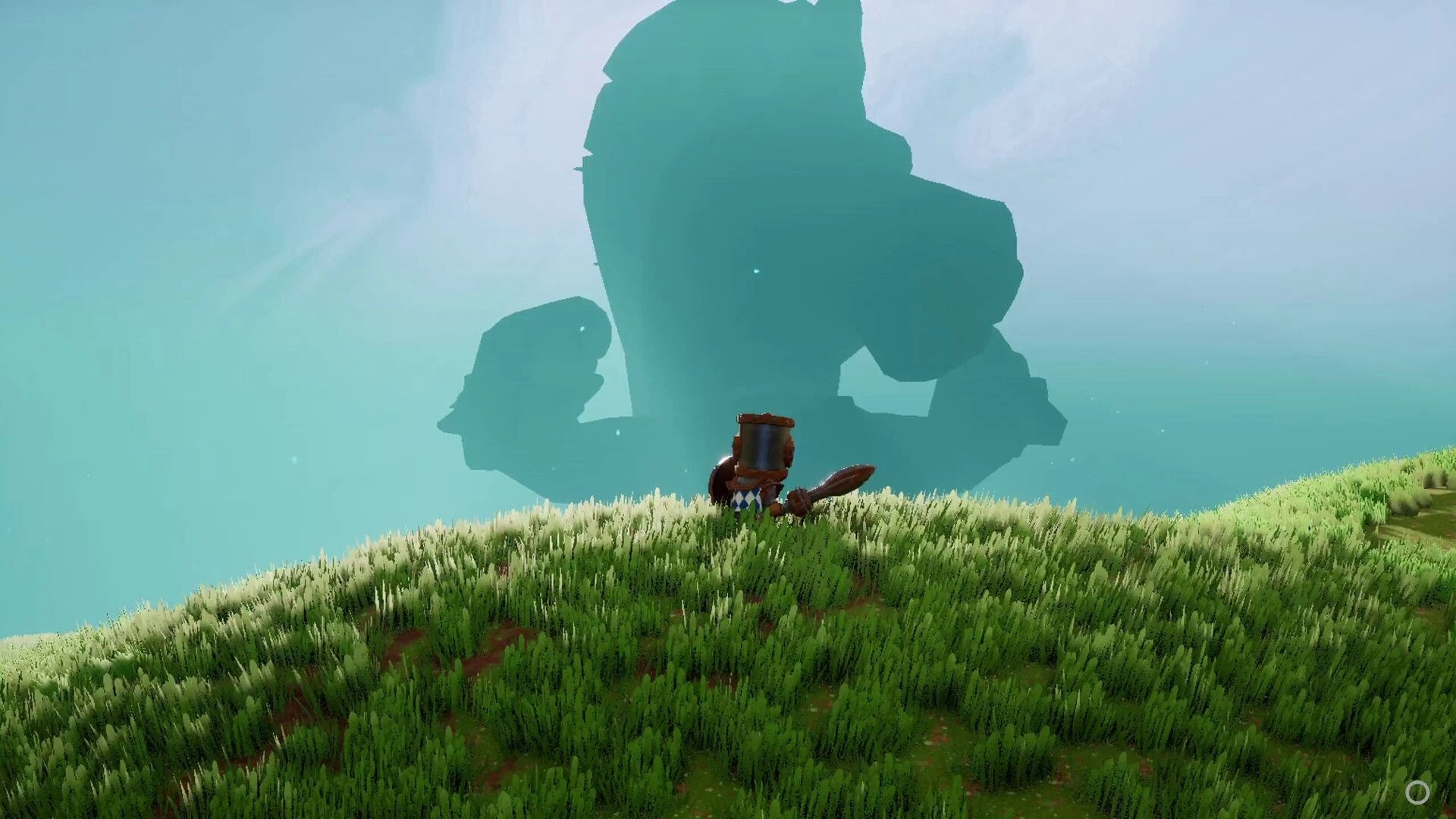 Big Helmet Heroes: Knight with helmet and sword stands on grassy hill overlooking giant shadowy figures